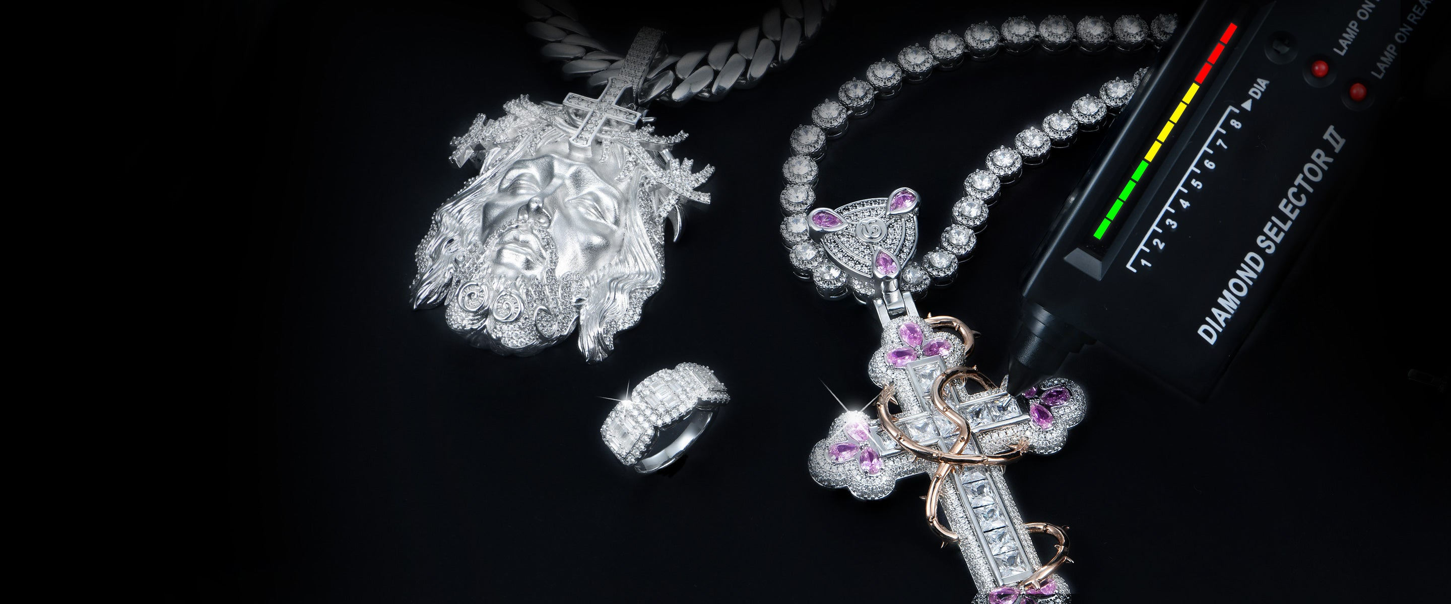 Moissanite hip hop jewelry featuring bold, iced-out styles.