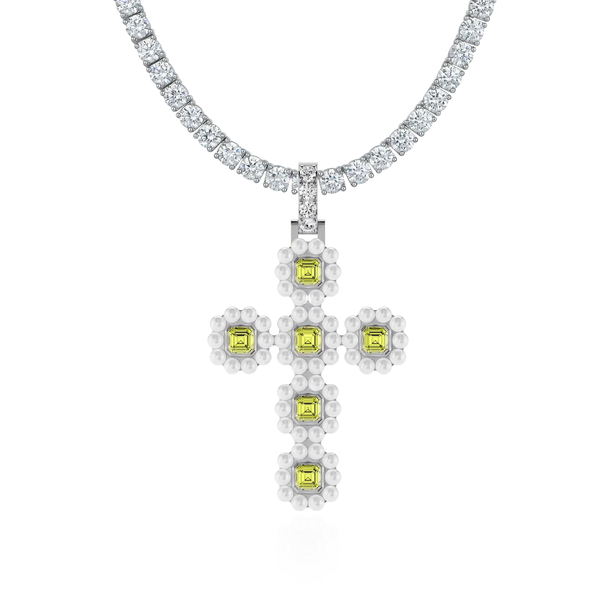 Women's Halo Pearl Canary Cross Pendant