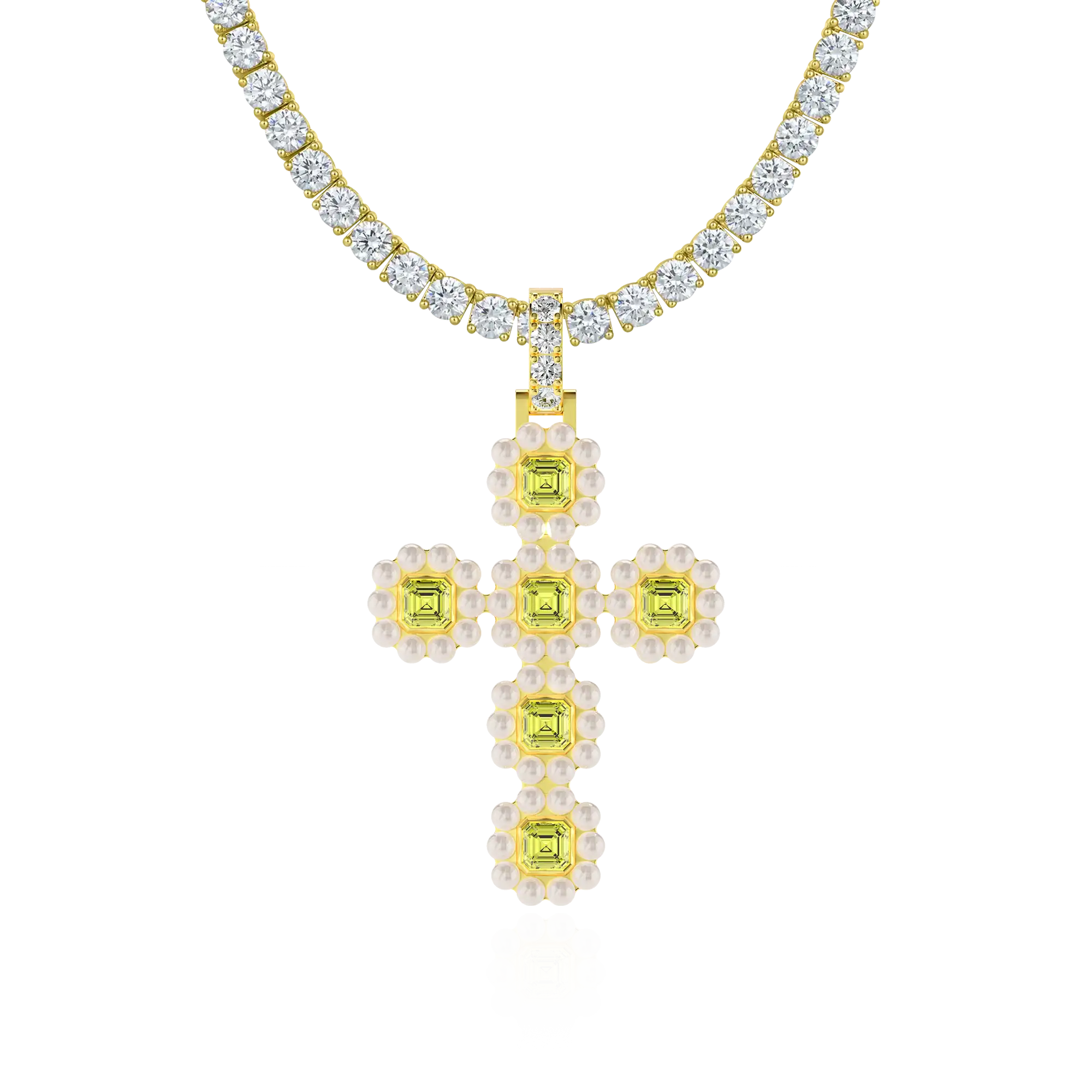 Women's Halo Pearl Canary Cross Pendant
