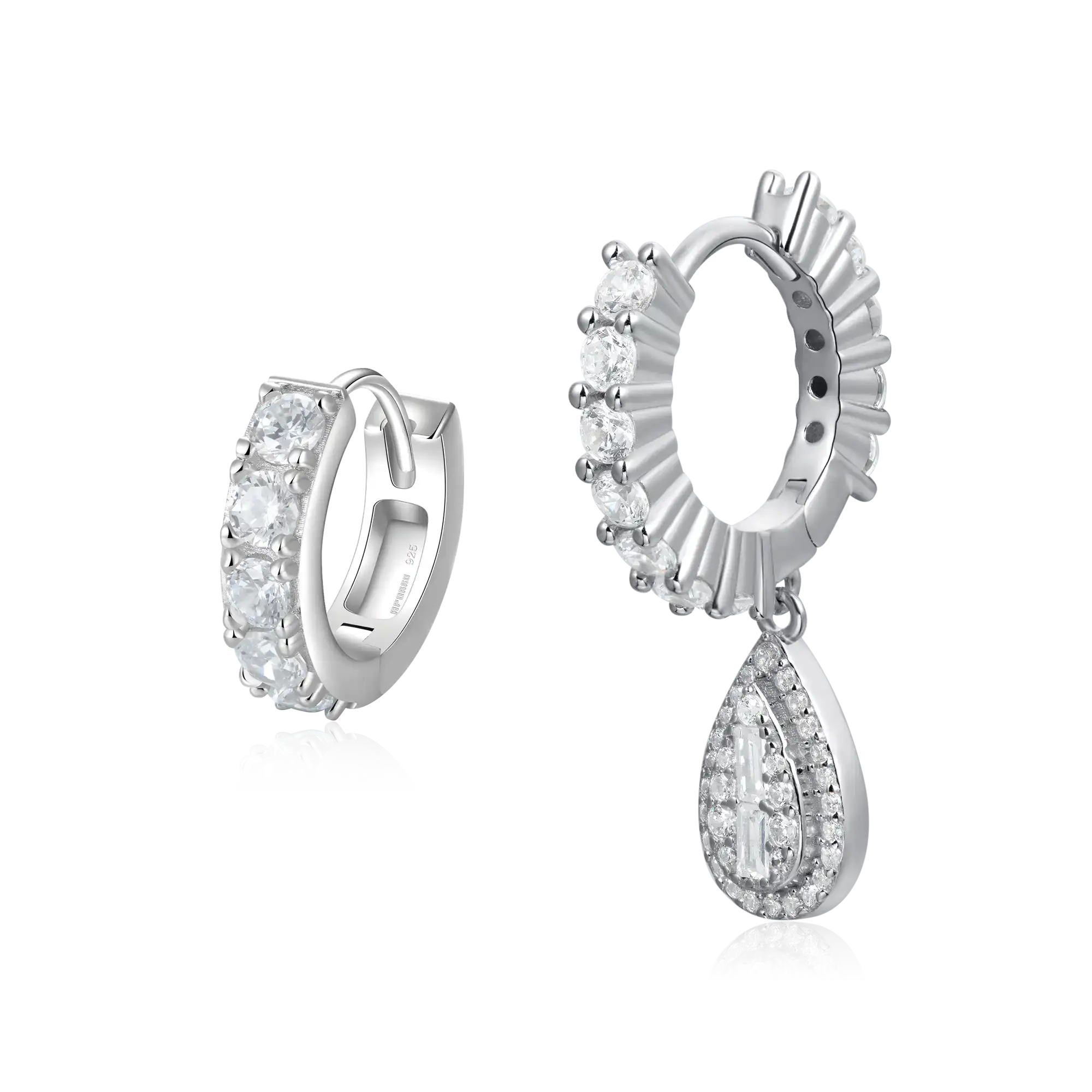 S925 Teardrop Baguette Dangly & Classic Hoop Earring Set