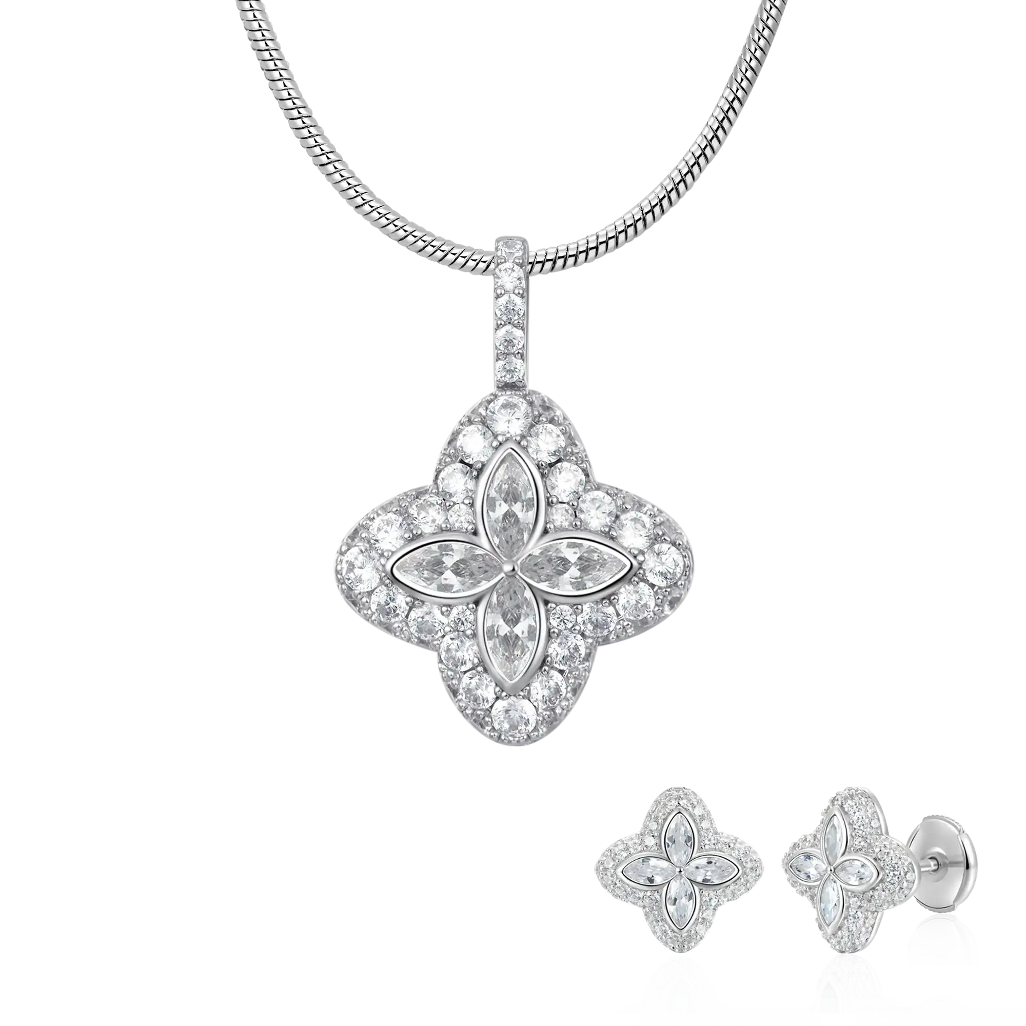 Iced Luminous Clover Pendant & Earring Set - White Diamond