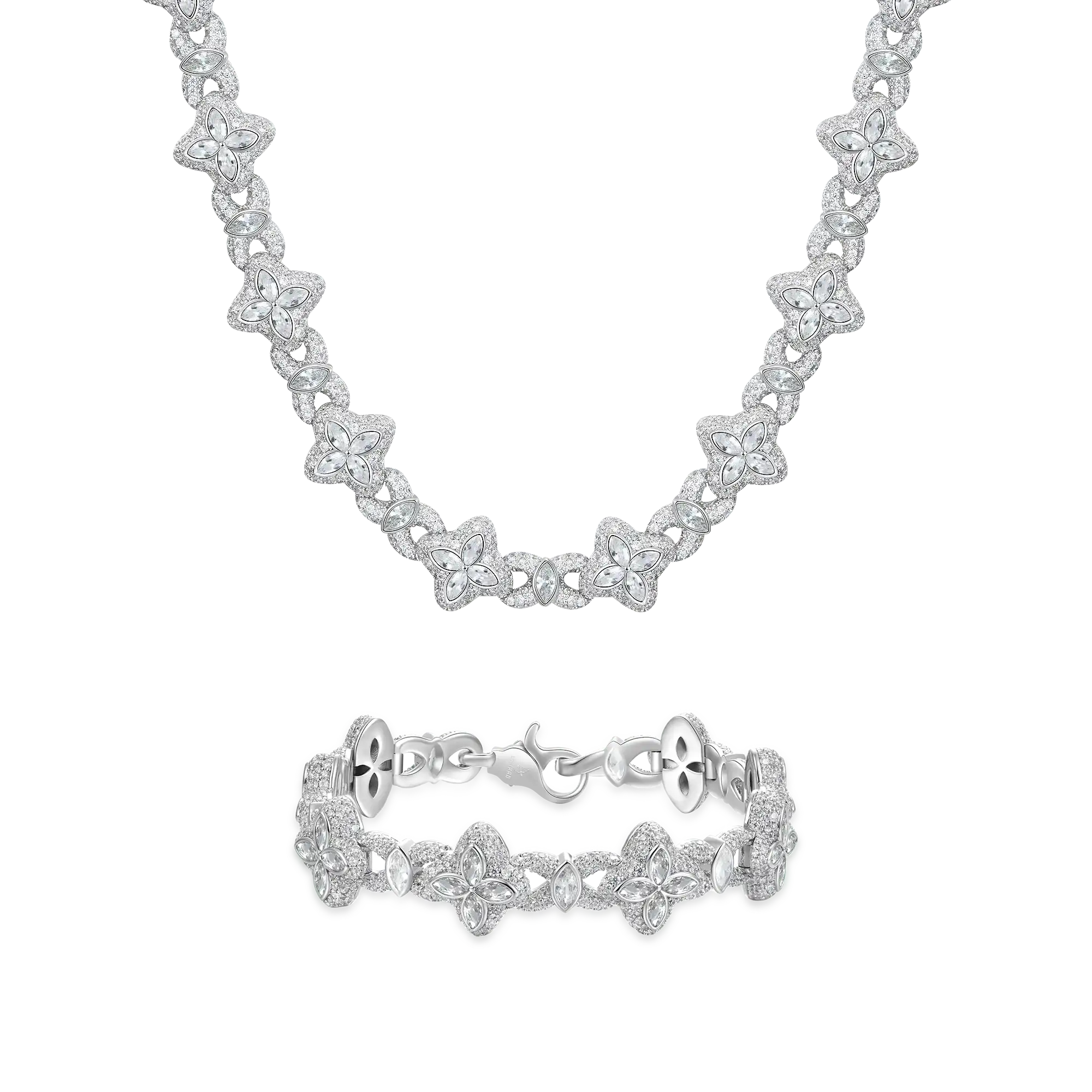 Iced Luminous Clover Chain & Bracelet Set - White Diamond