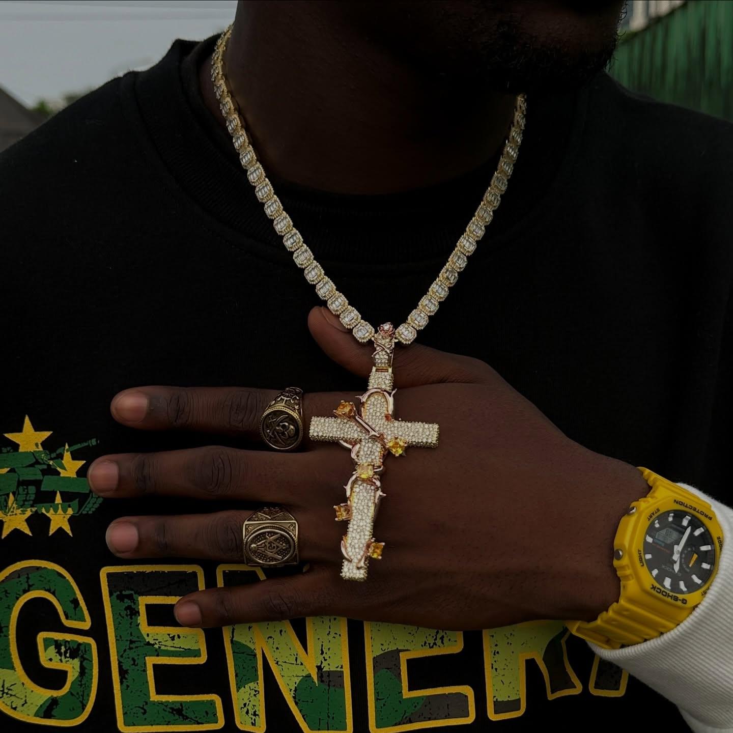 Pave Set Thorned Rose Cross Pendant