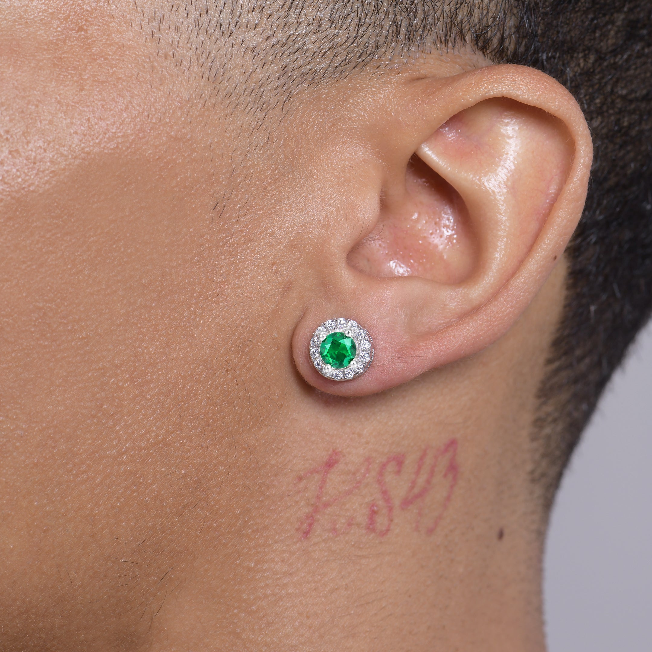 Halo Round Cut Stud Earring - Green