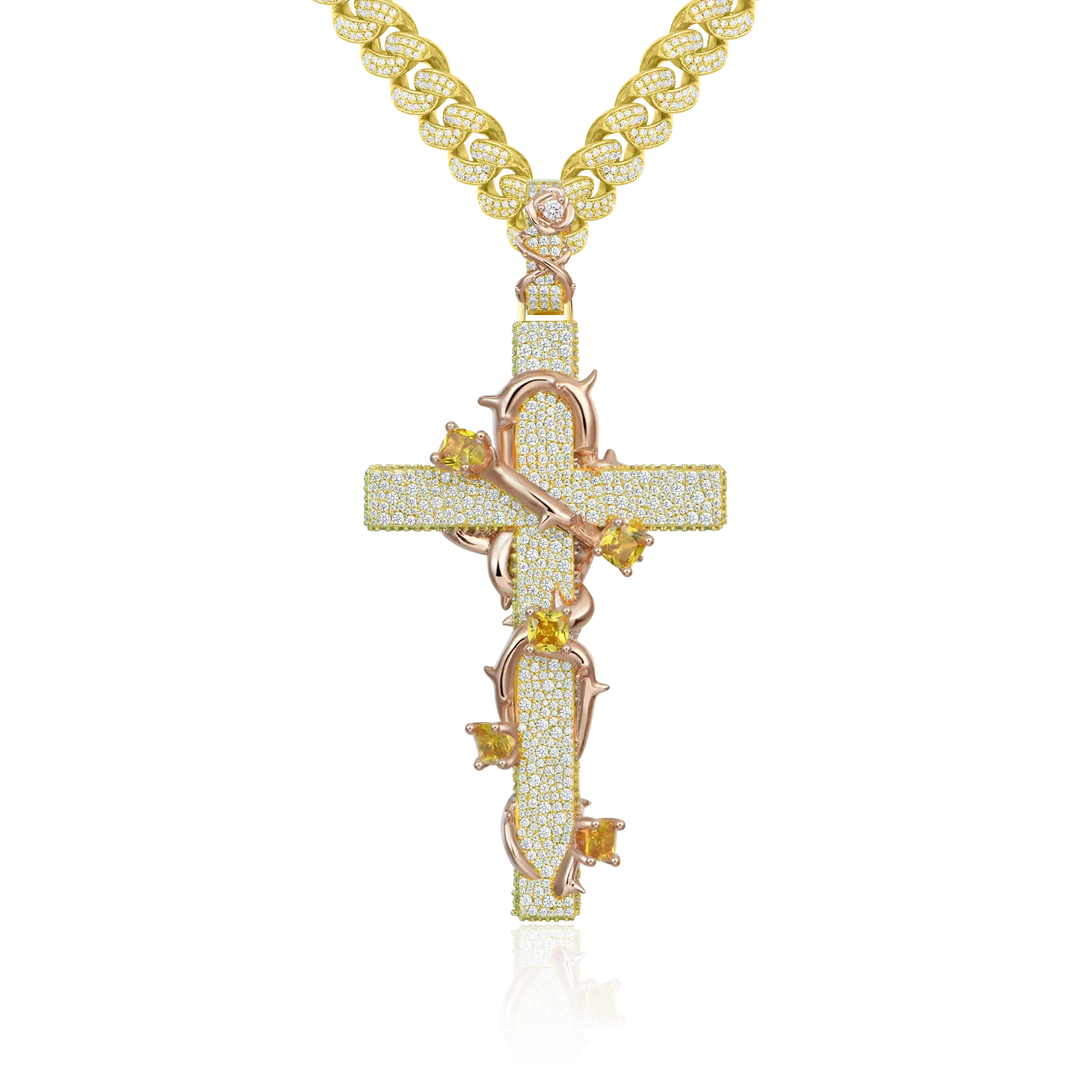 Moissanite Pave Set Thorned Rose Cross Pendant