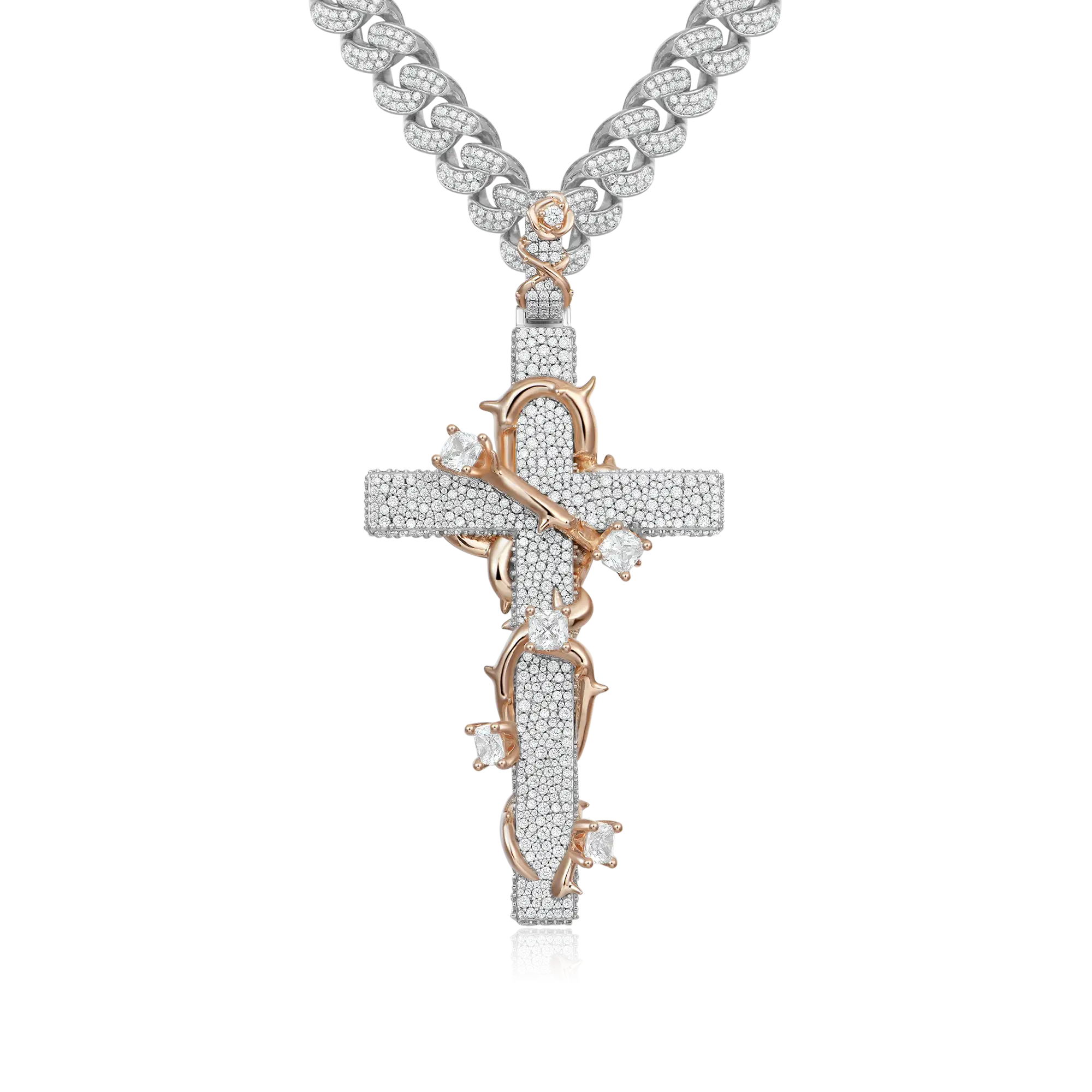 Moissanite Pave Set Thorned Rose Cross Pendant