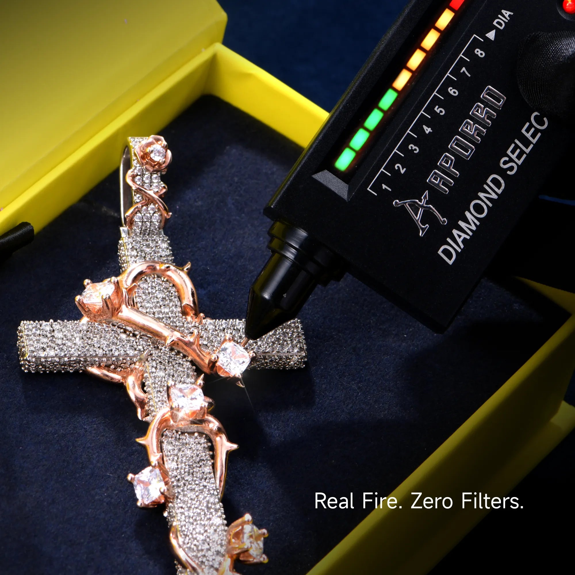 Moissanite Pave Set Thorned Rose Cross Pendant