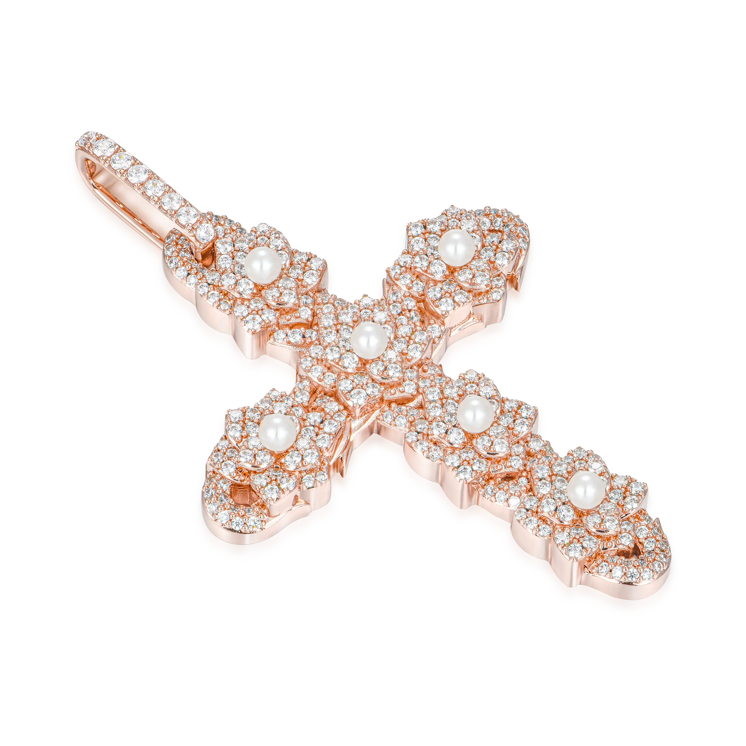 Pearl Rose Cross Pendant - Rose Gold