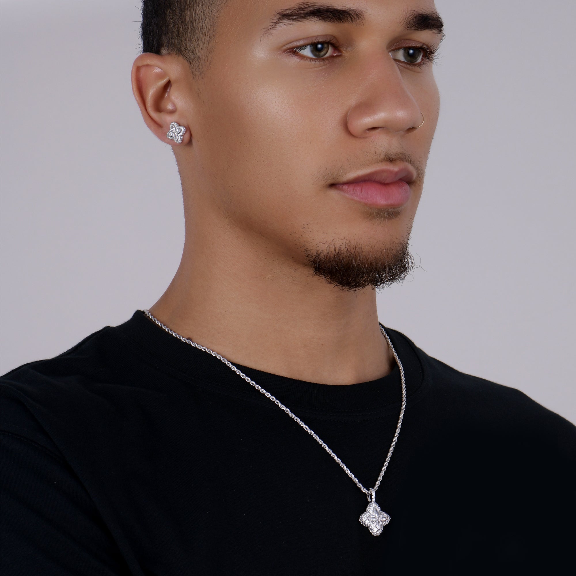 Iced Luminous Clover Pendant & Earring Set - White Diamond