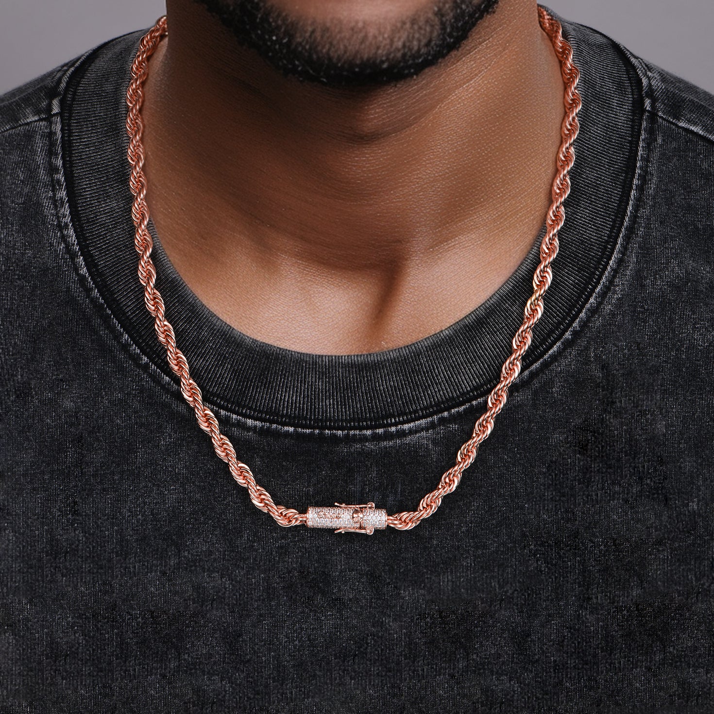 6mm Rope Chain With Iced Clasp - Rose Gold