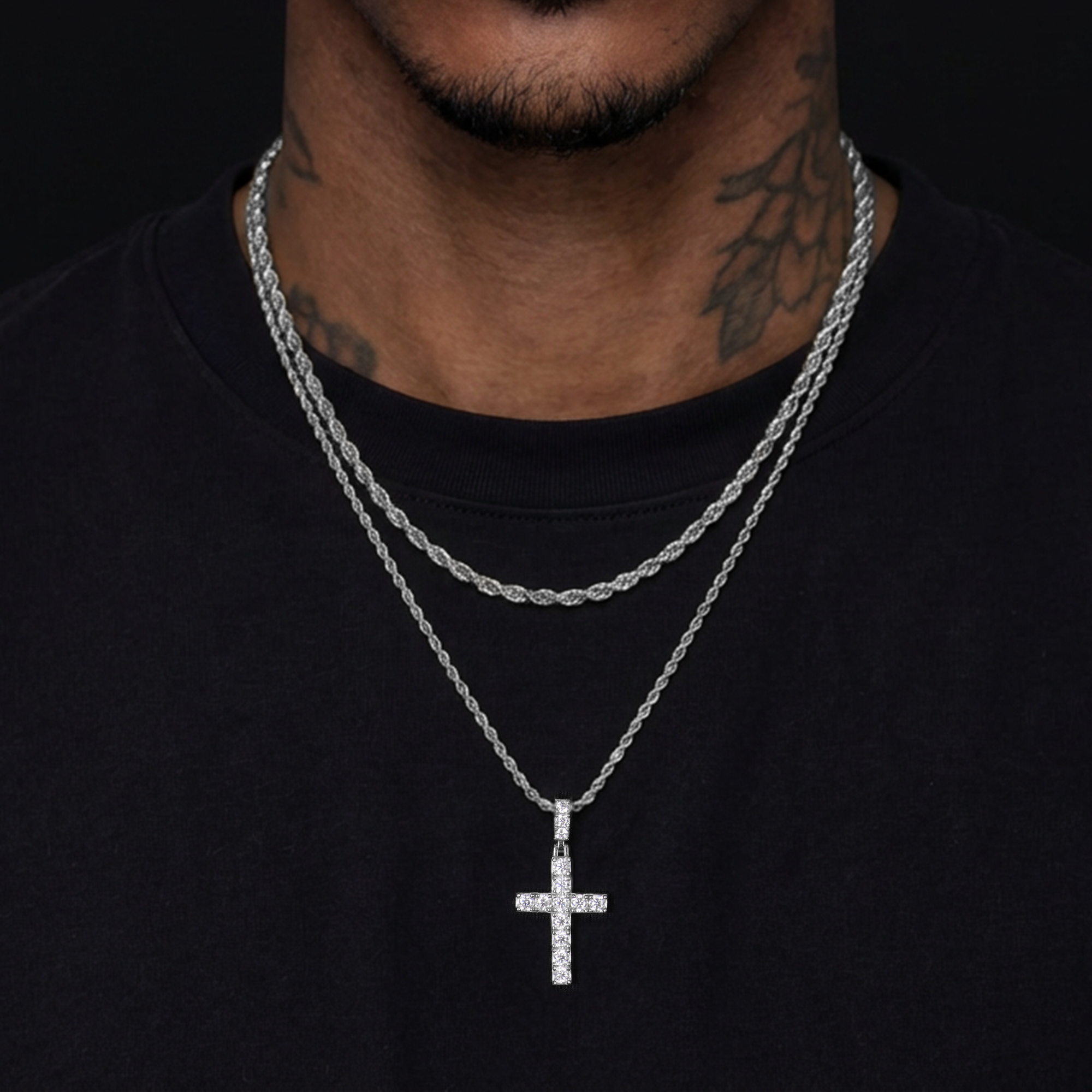 Solid Tennis Cross Pendant & Chain Trinity Set