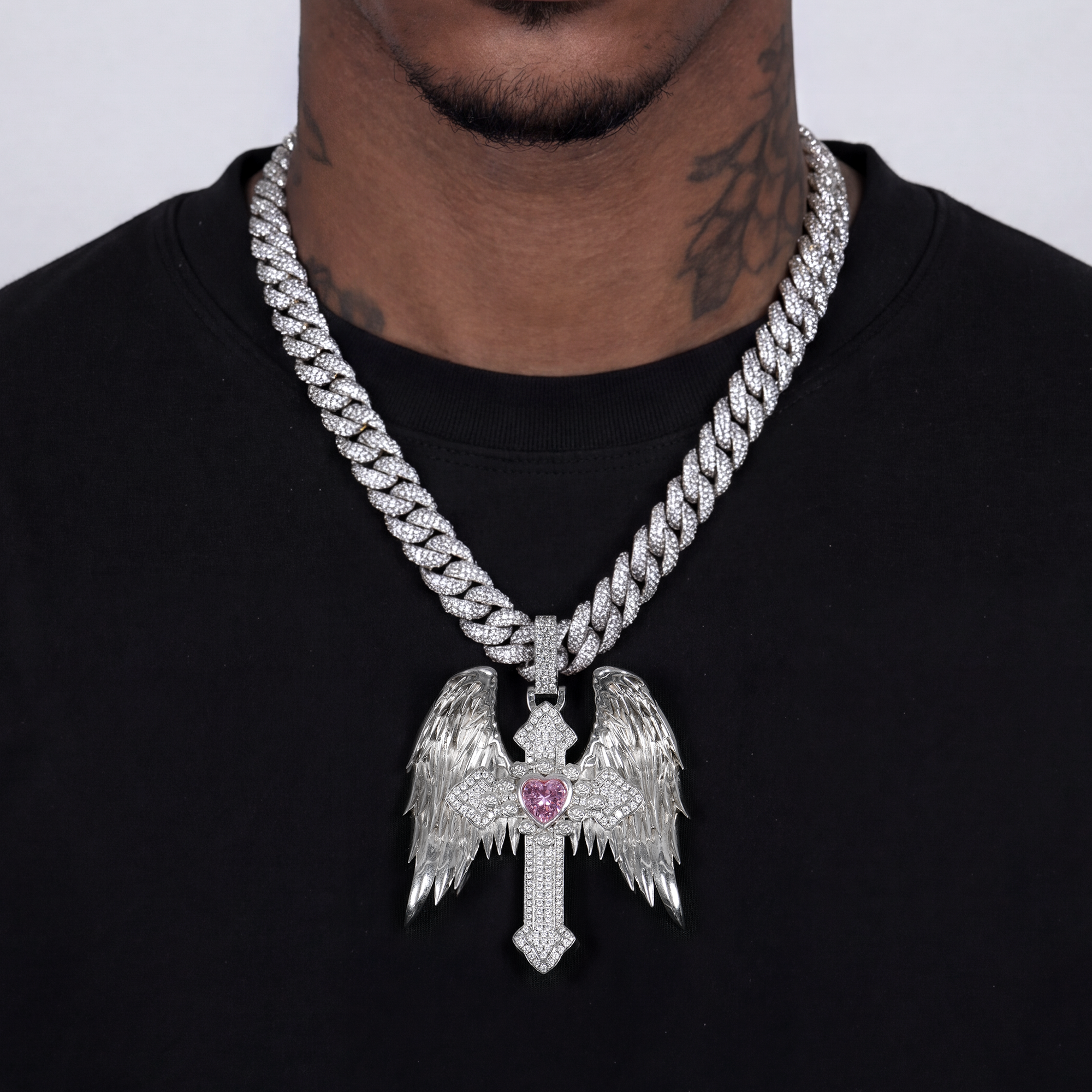 Guardian Wings Cross Pendant & Cuban Chain Set