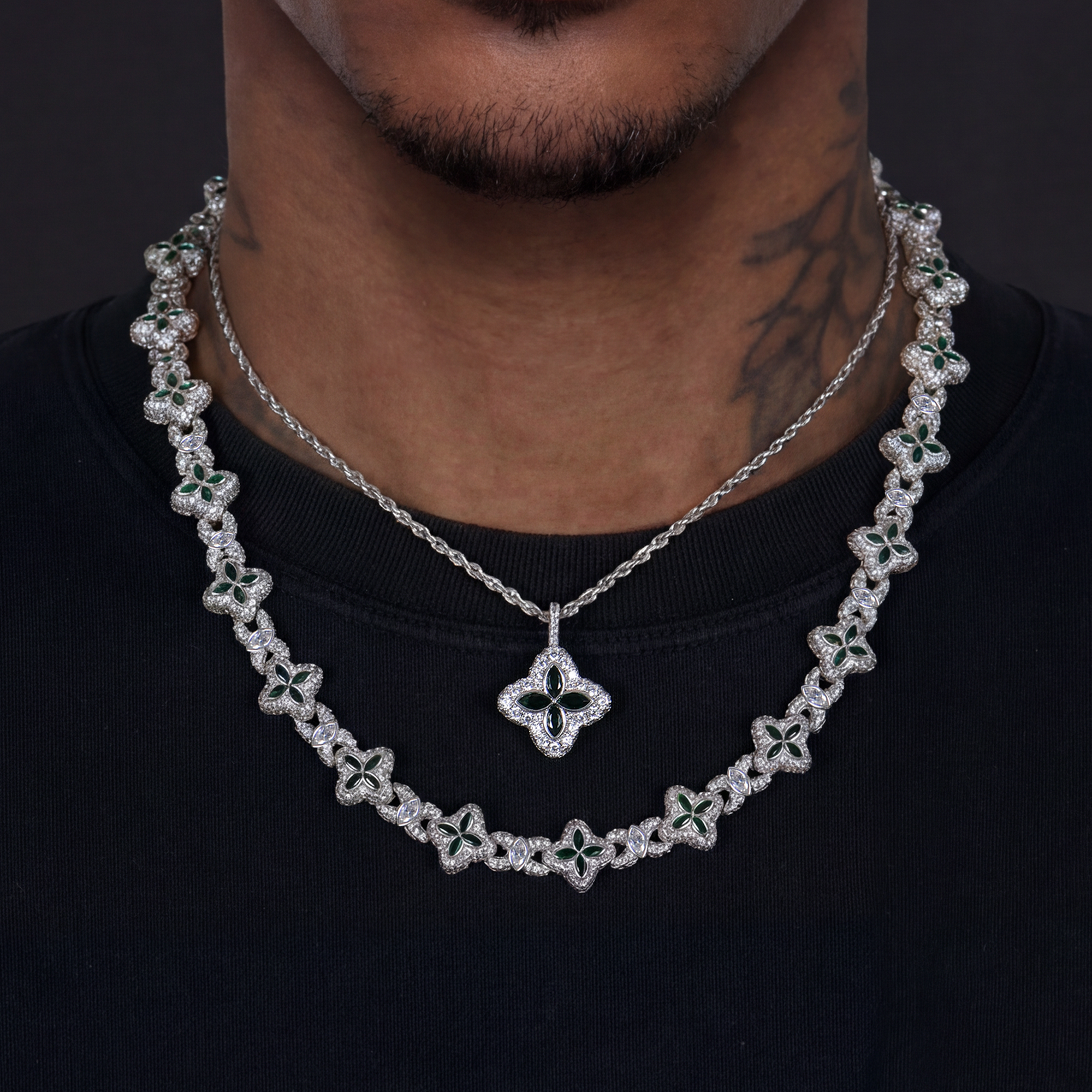 Iced Luminous Clover Pendant & Chain Set