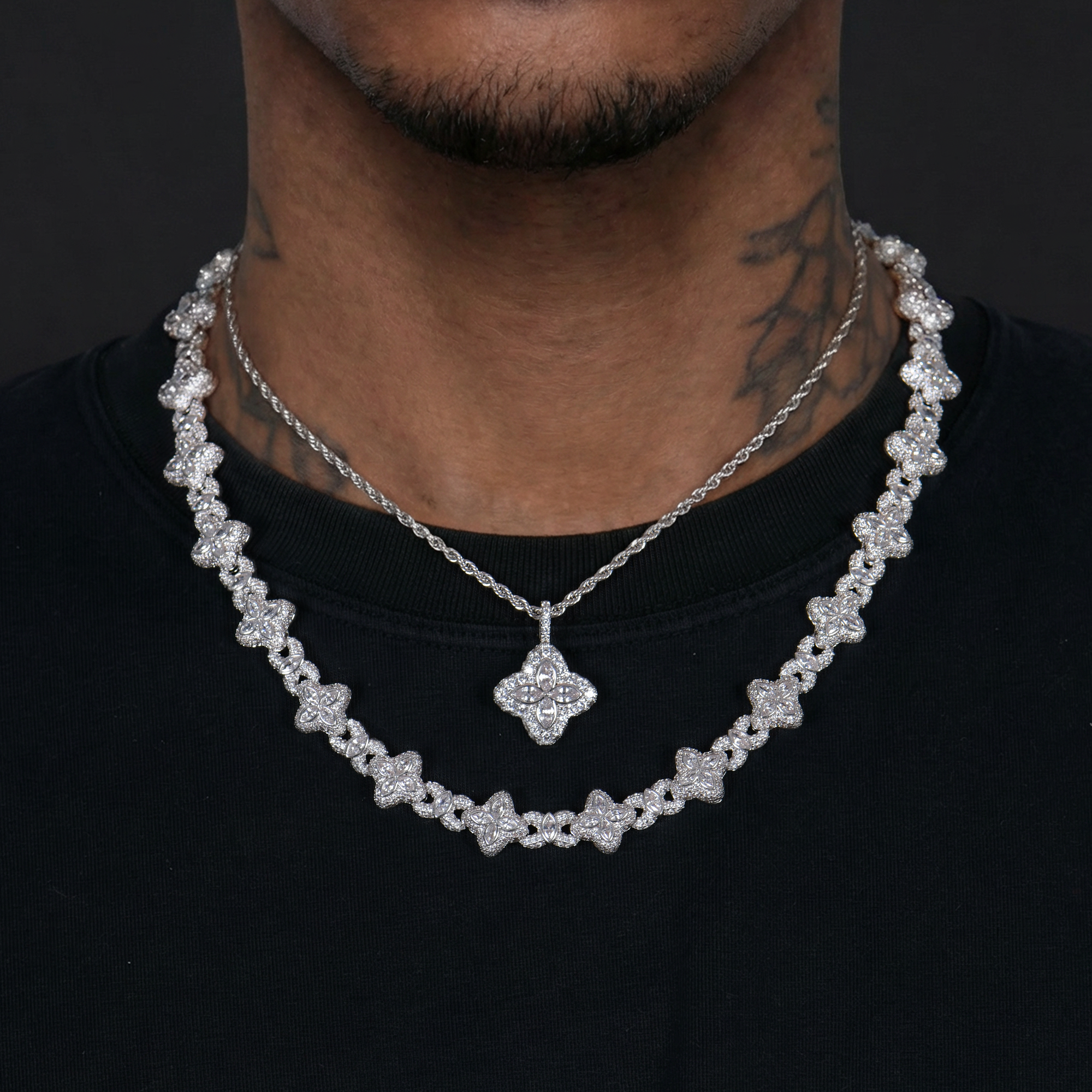 Iced Luminous Clover Pendant & Chain Set - White Diamond