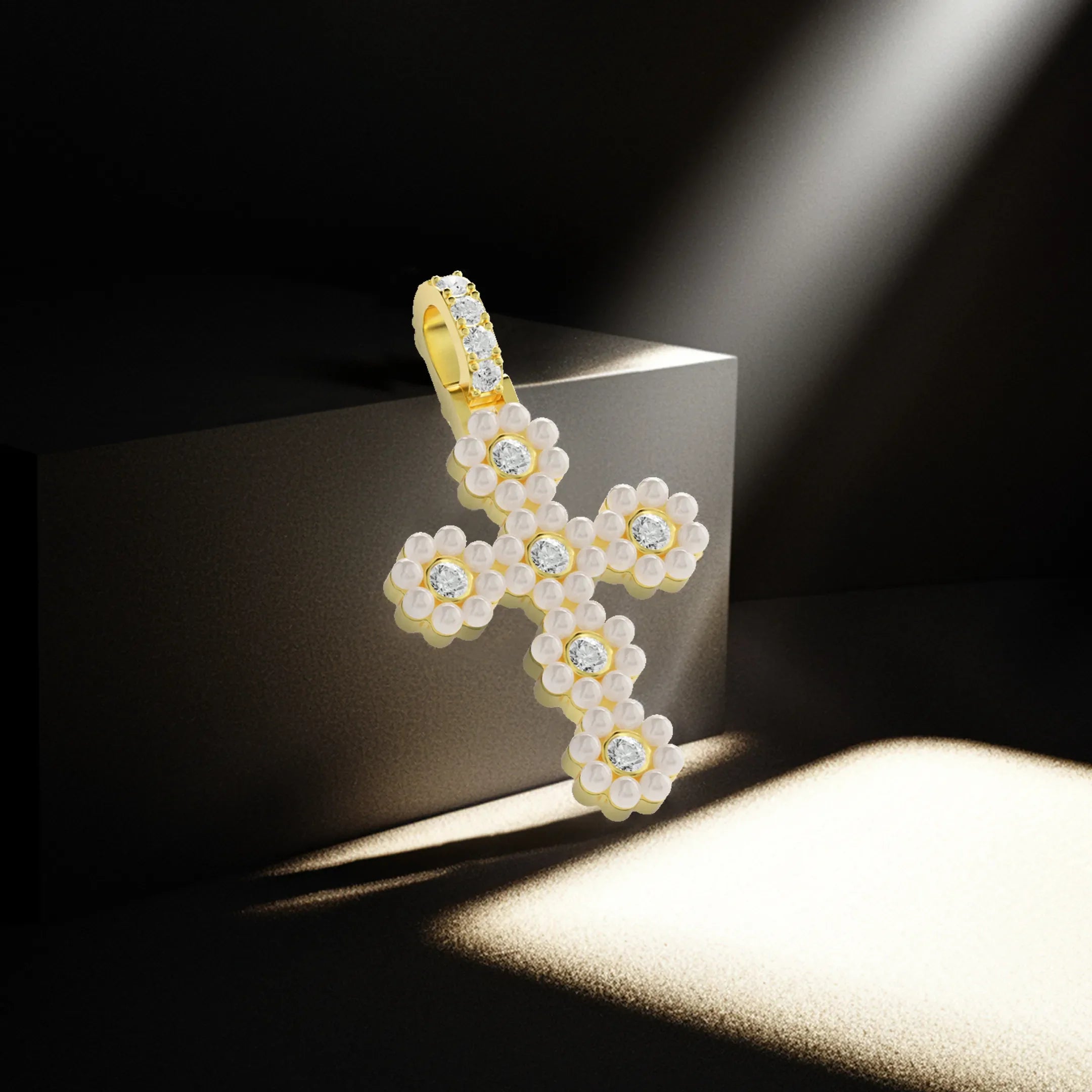 Women's Halo Pearl Brilliant Cross Pendant