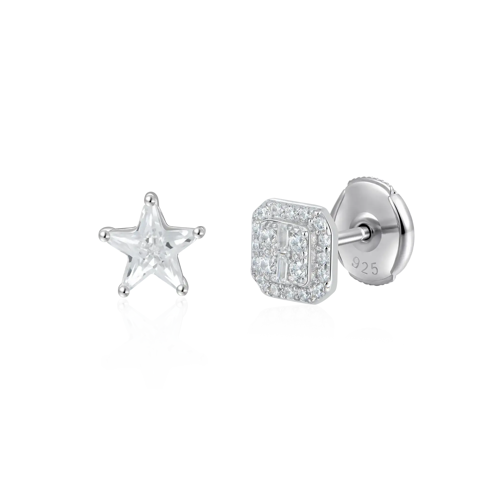 S925 Baguette & Pentagram Stud Earring Set