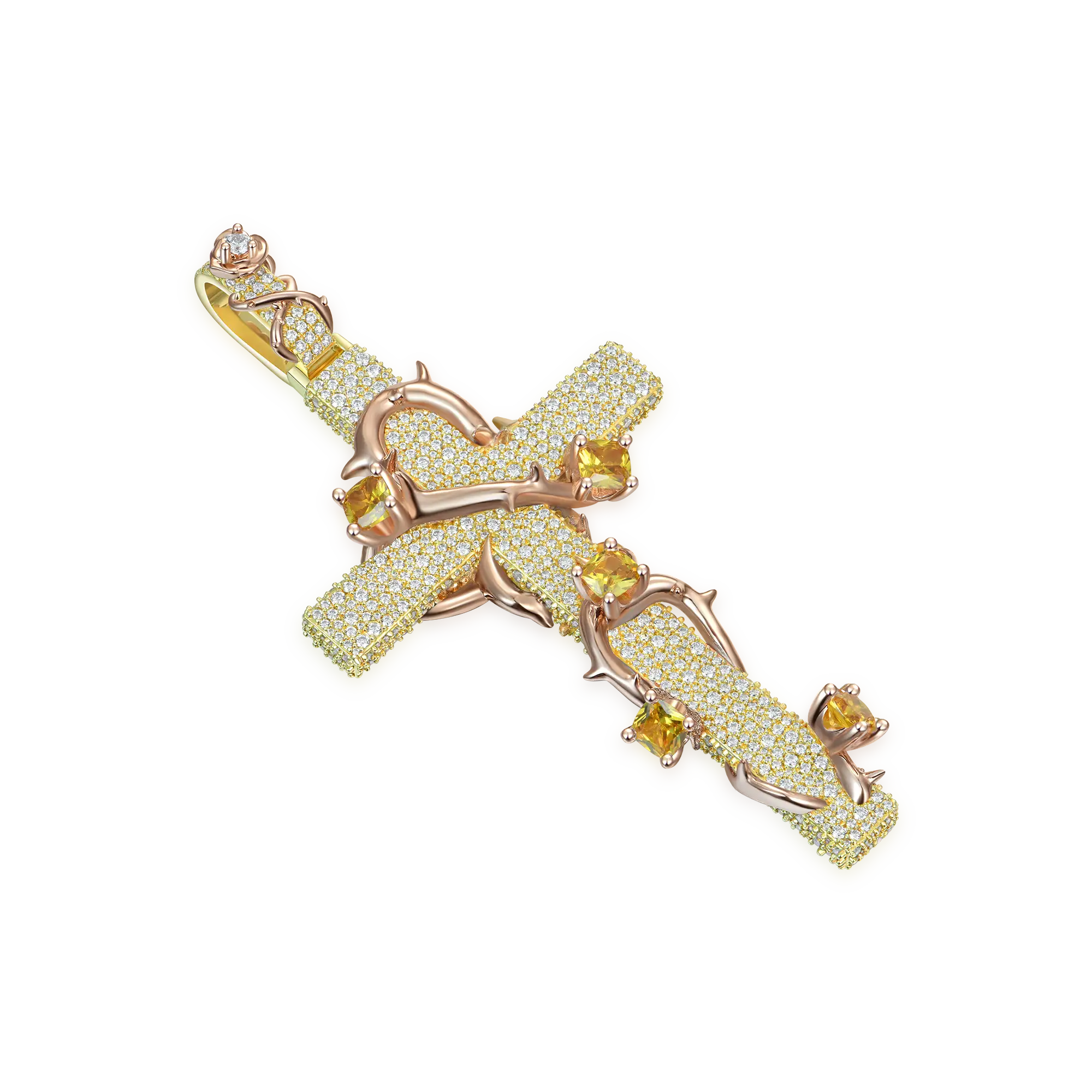 Pave Set Thorned Rose Cross Pendant