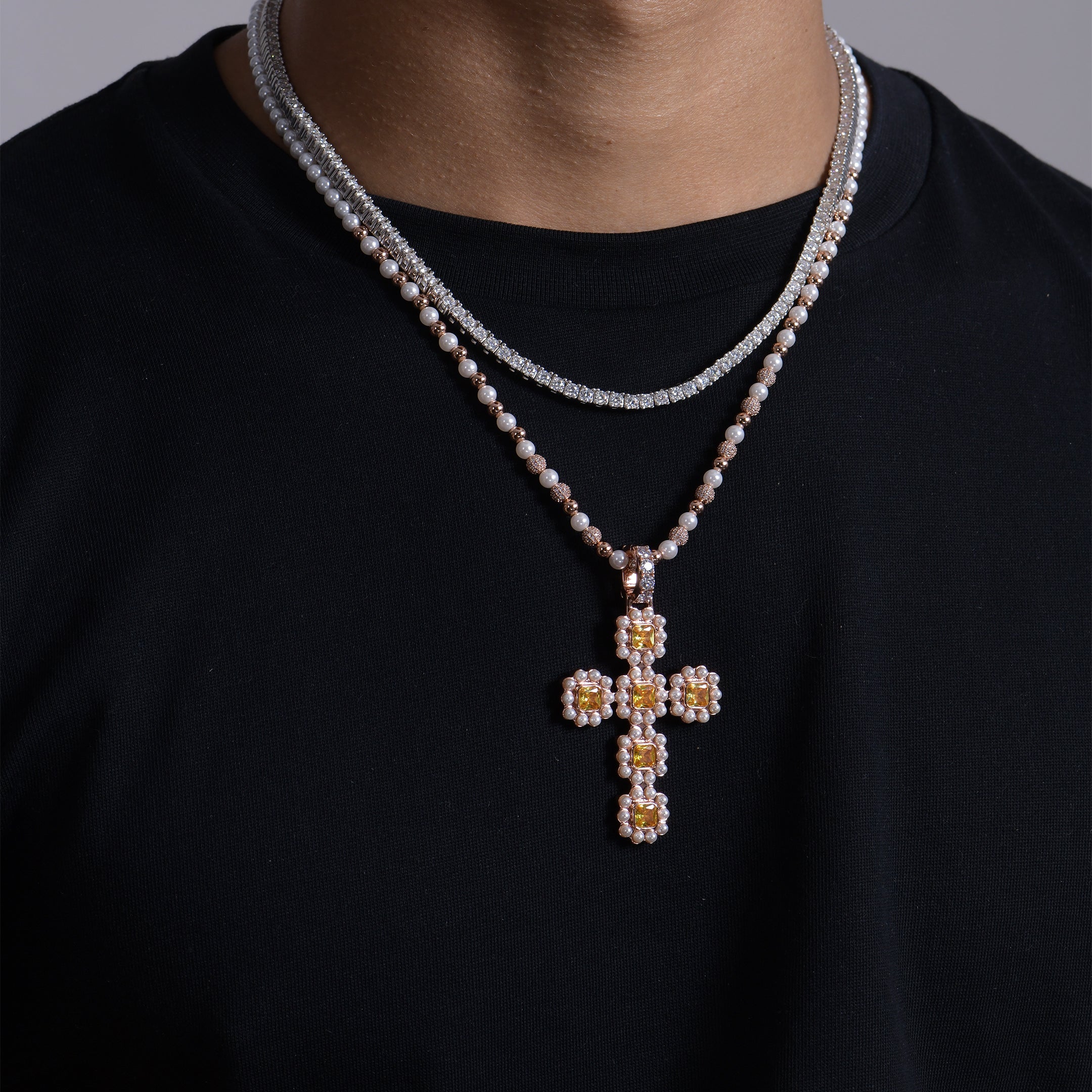 Women's Halo Pearl Canary Cross Pendant
