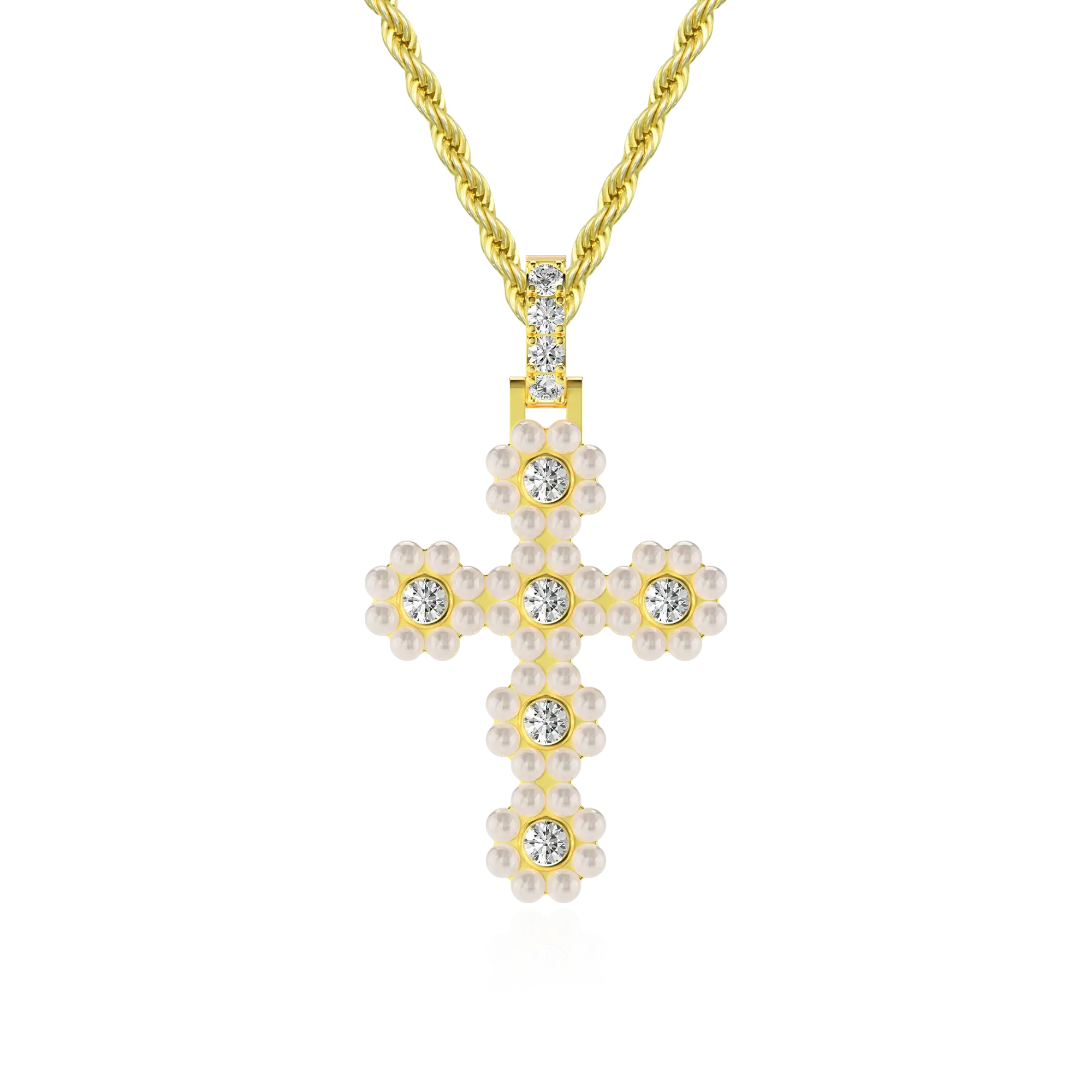 Women's Halo Pearl Brilliant Cross Pendant