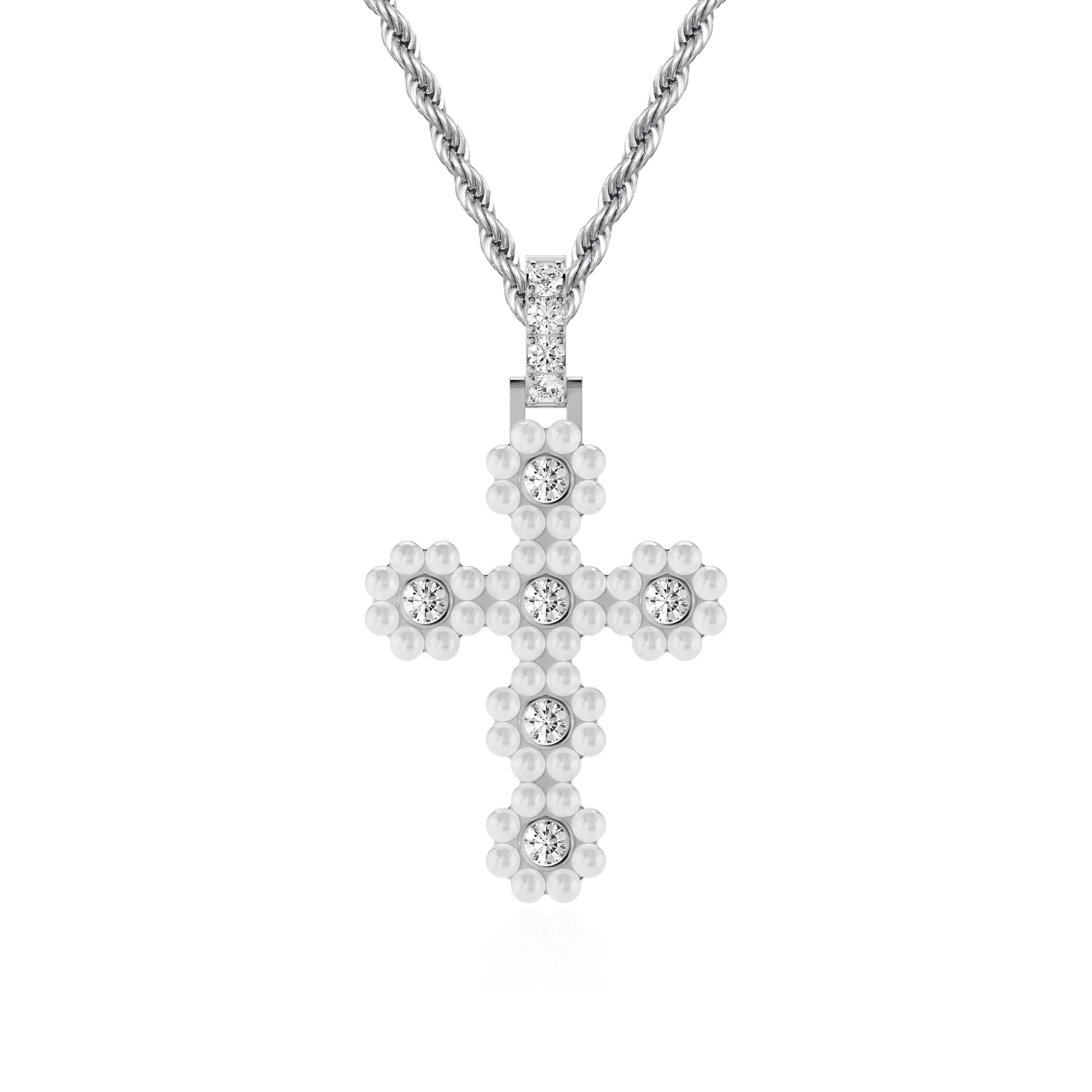 Women's Halo Pearl Brilliant Cross Pendant