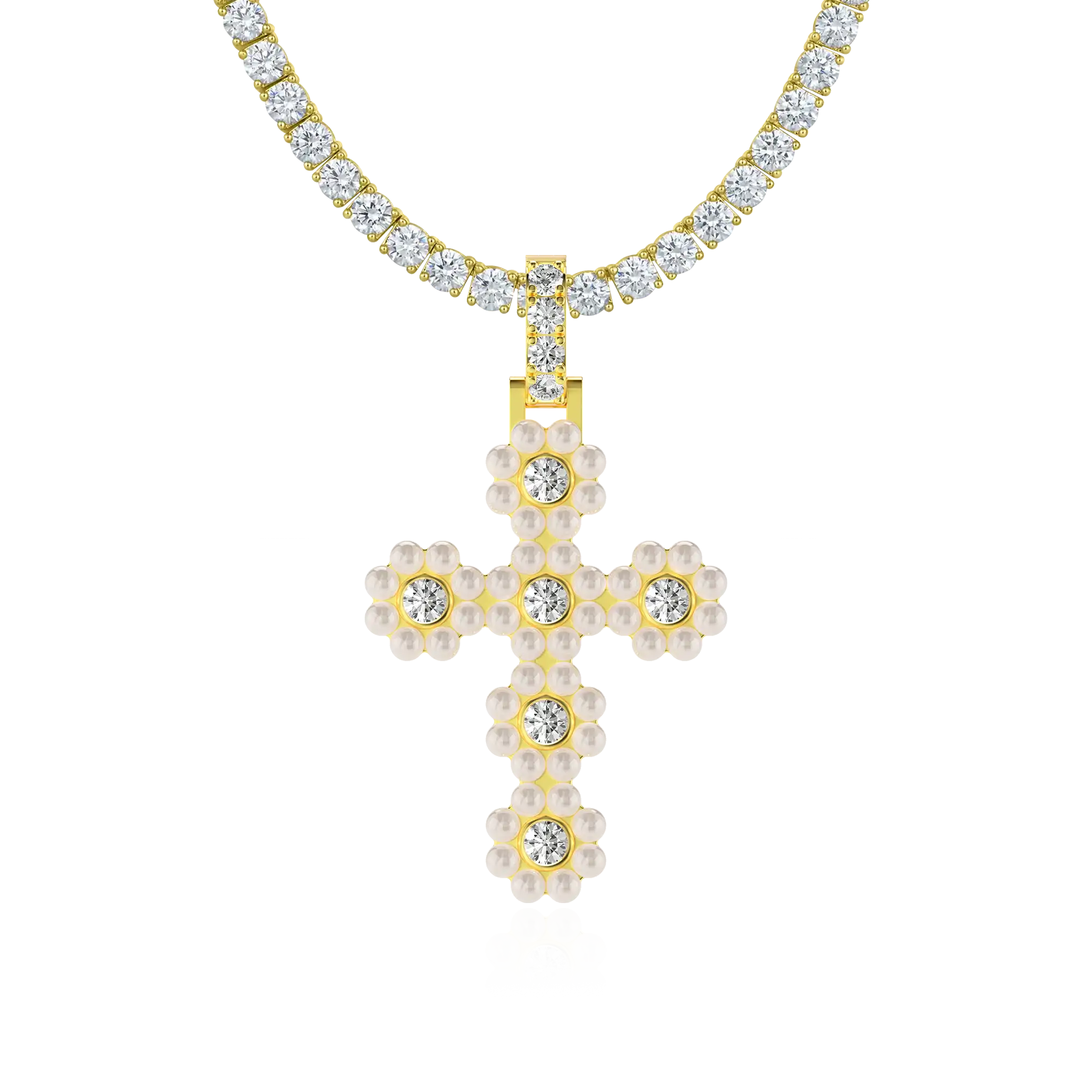 Women's Halo Pearl Brilliant Cross Pendant