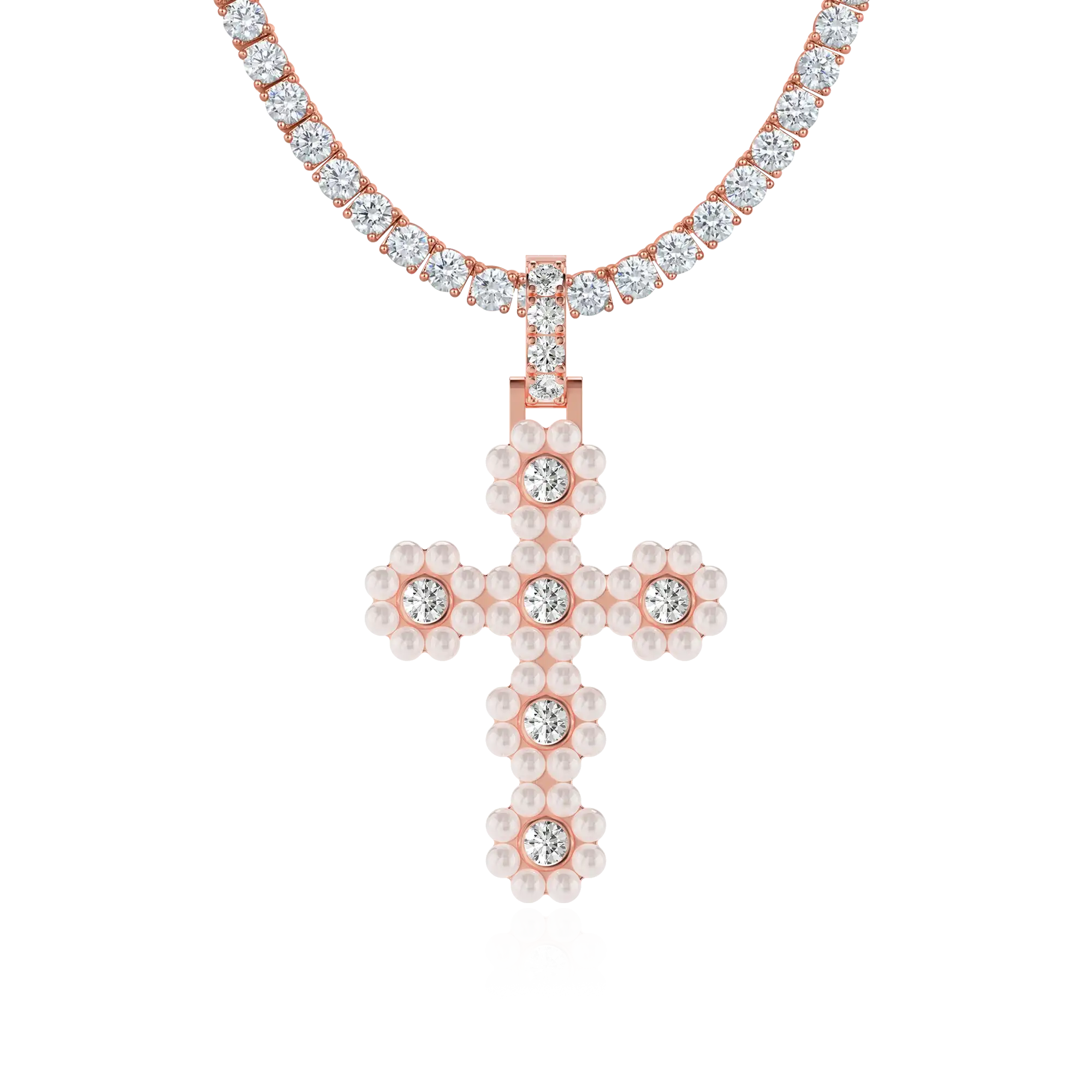 Women's Halo Pearl Brilliant Cross Pendant