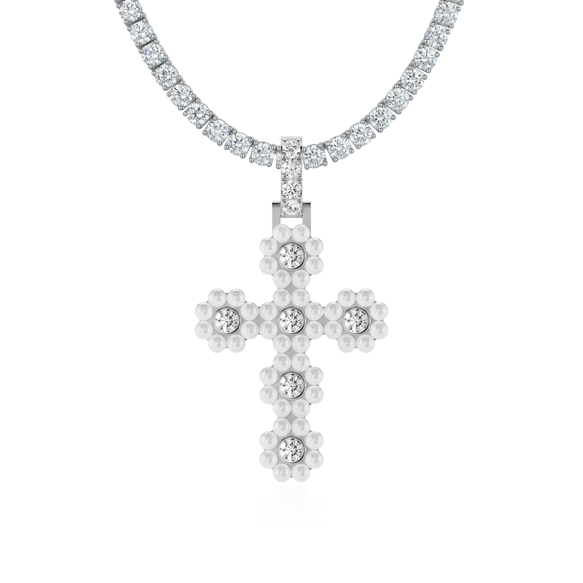 Women's Halo Pearl Brilliant Cross Pendant
