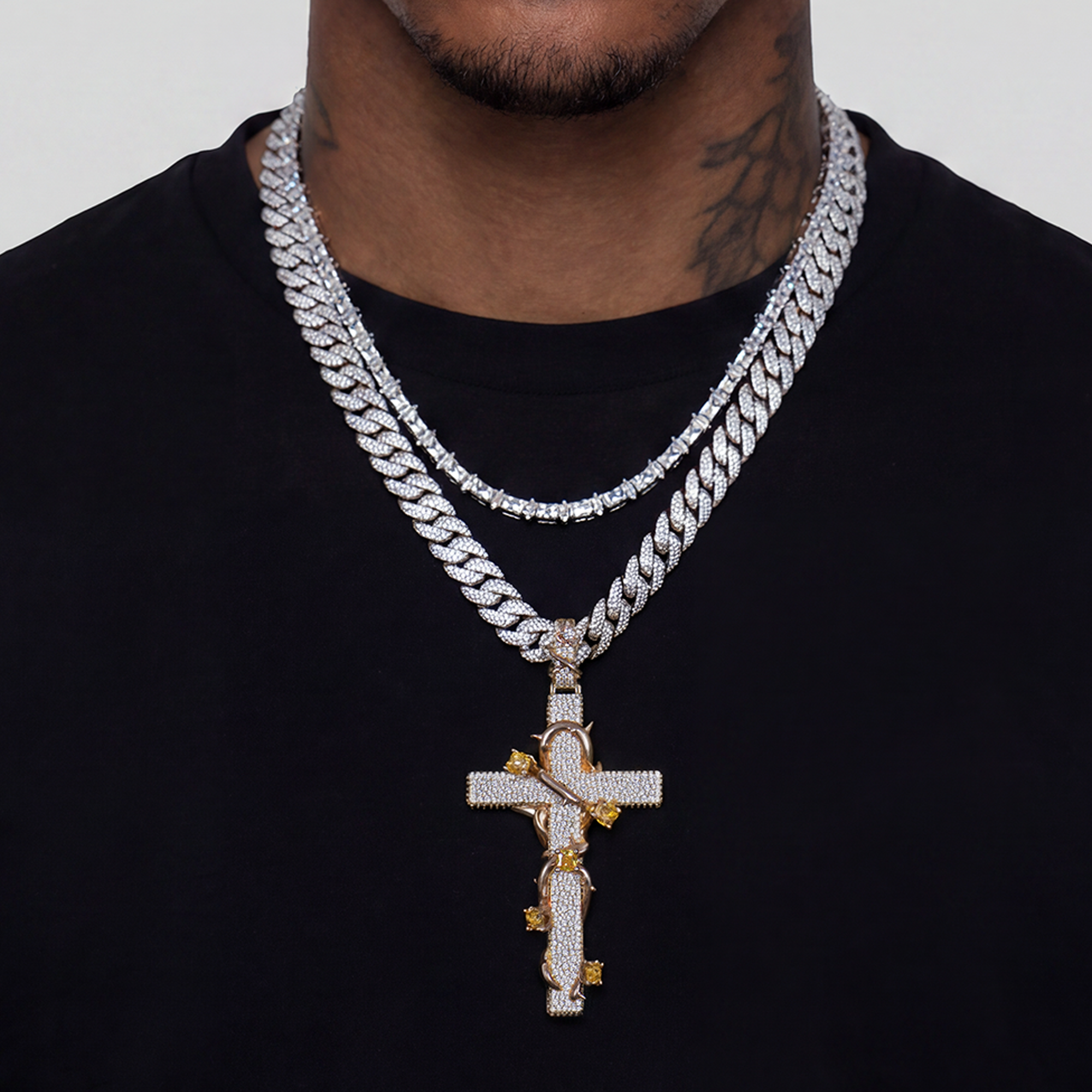Pave Set Thorned Cross Pendant & Chain Trinity Set