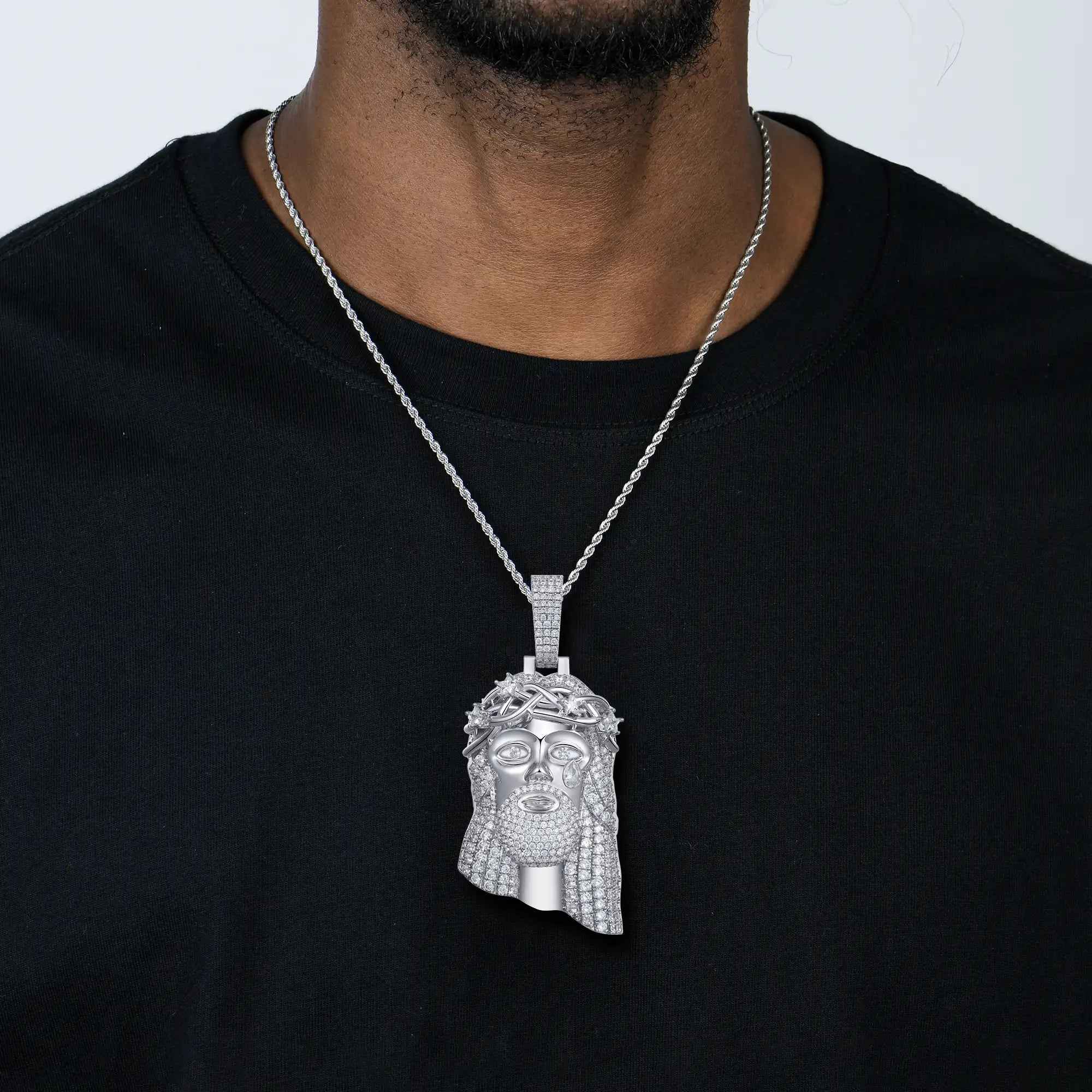 Moissanite White Gold Stellar Jesus Pendant - Large