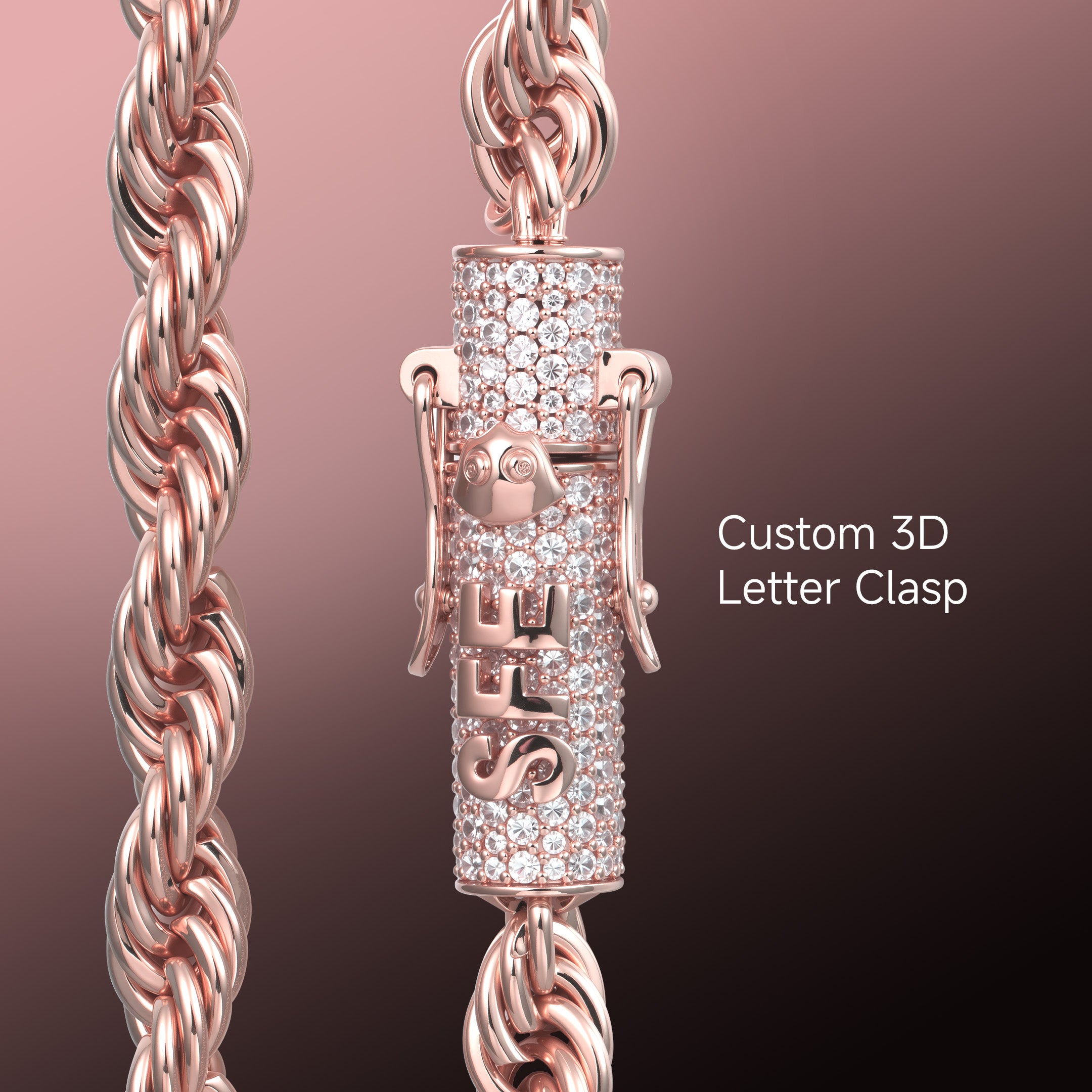 6mm Rope Chain With Iced Clasp - Rose Gold