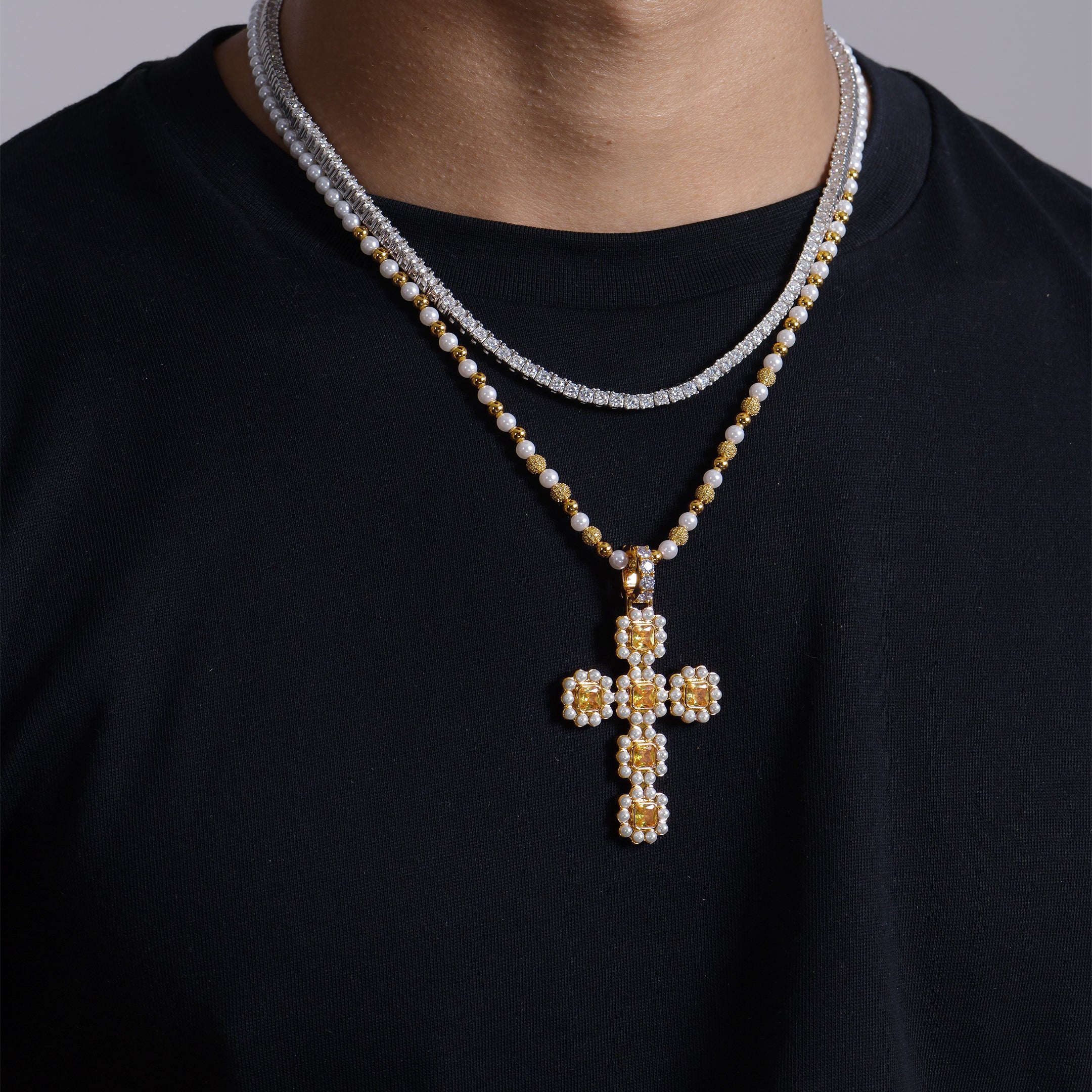 Women's Halo Pearl Canary Cross Pendant