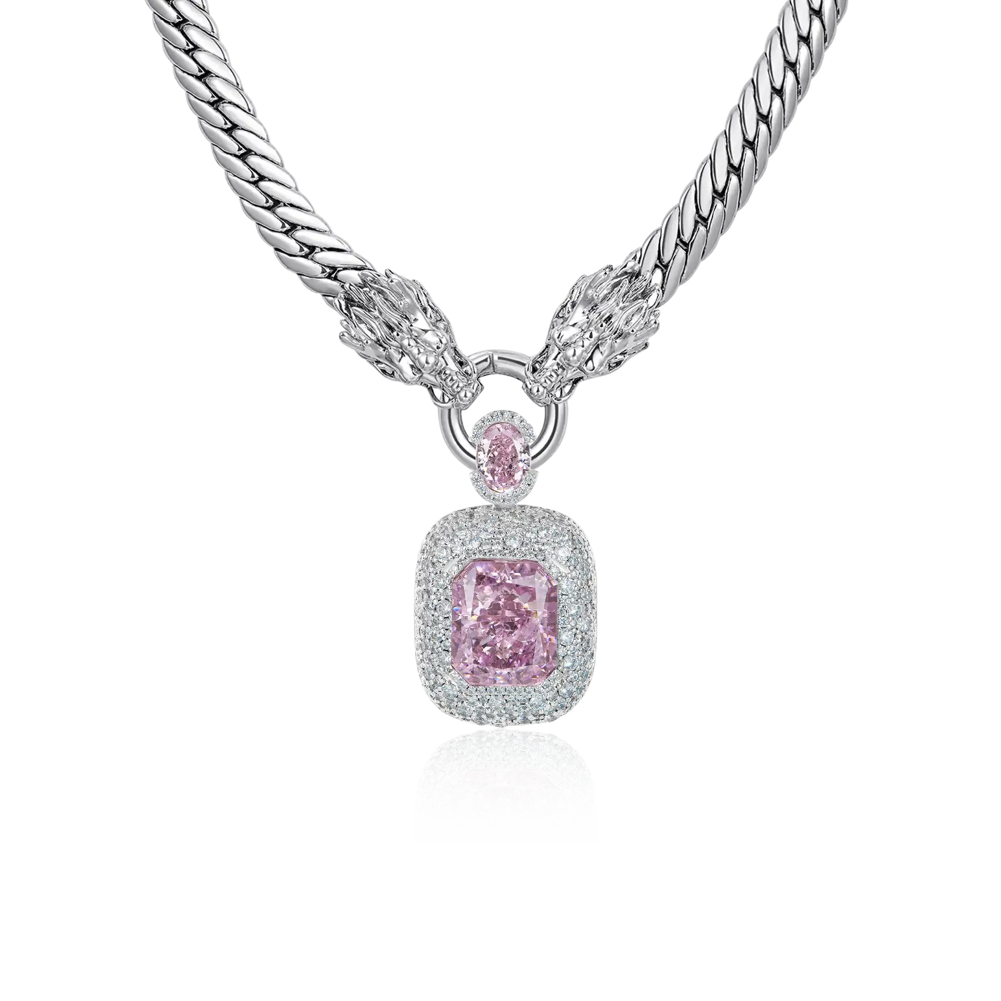 WONG Double Dragon Miami Cuban Chain + Crushed Ice Emerald Cut Pendant Set