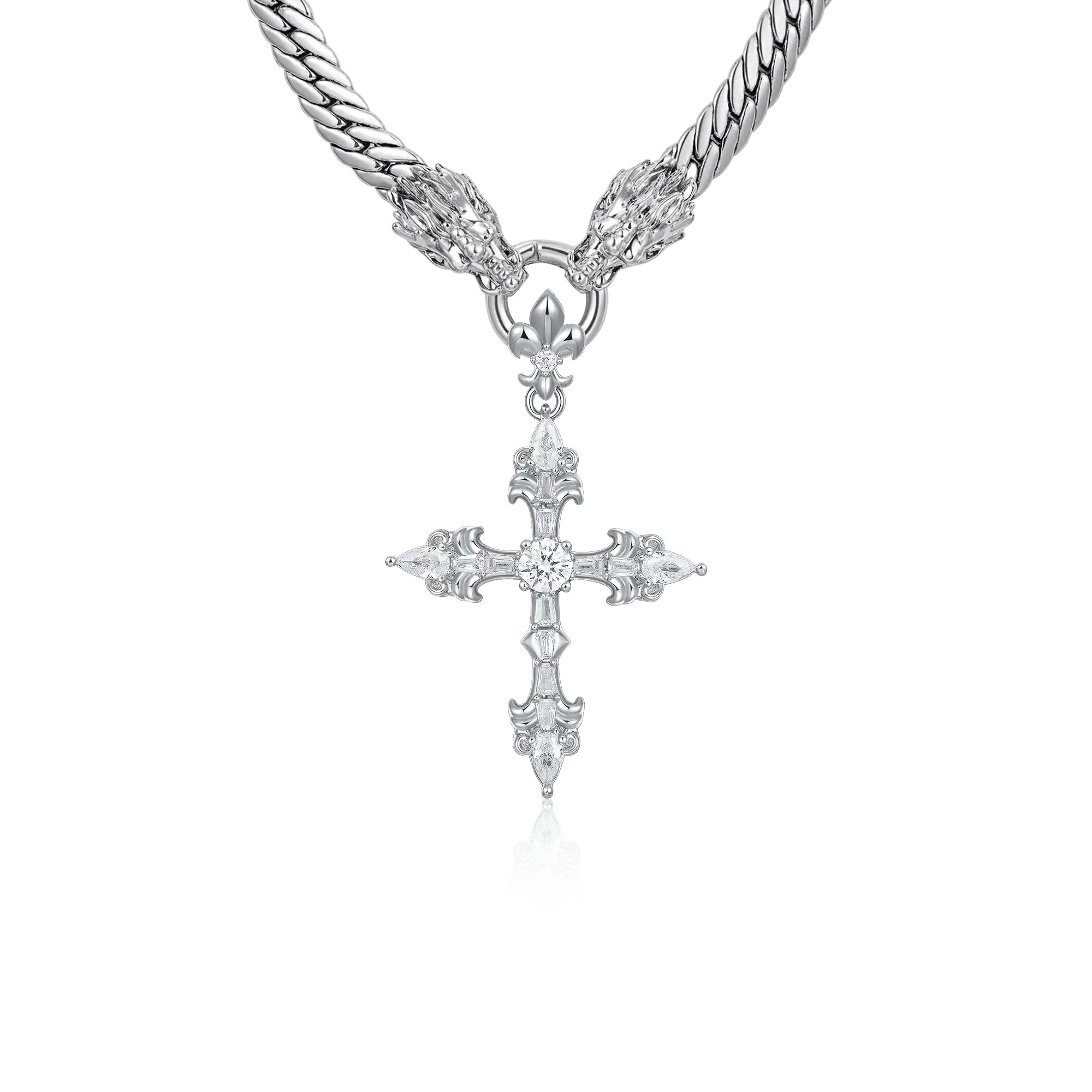 WONG Double Dragon Miami Cuban Chain + Fleur De Lis Cross Pendant Set