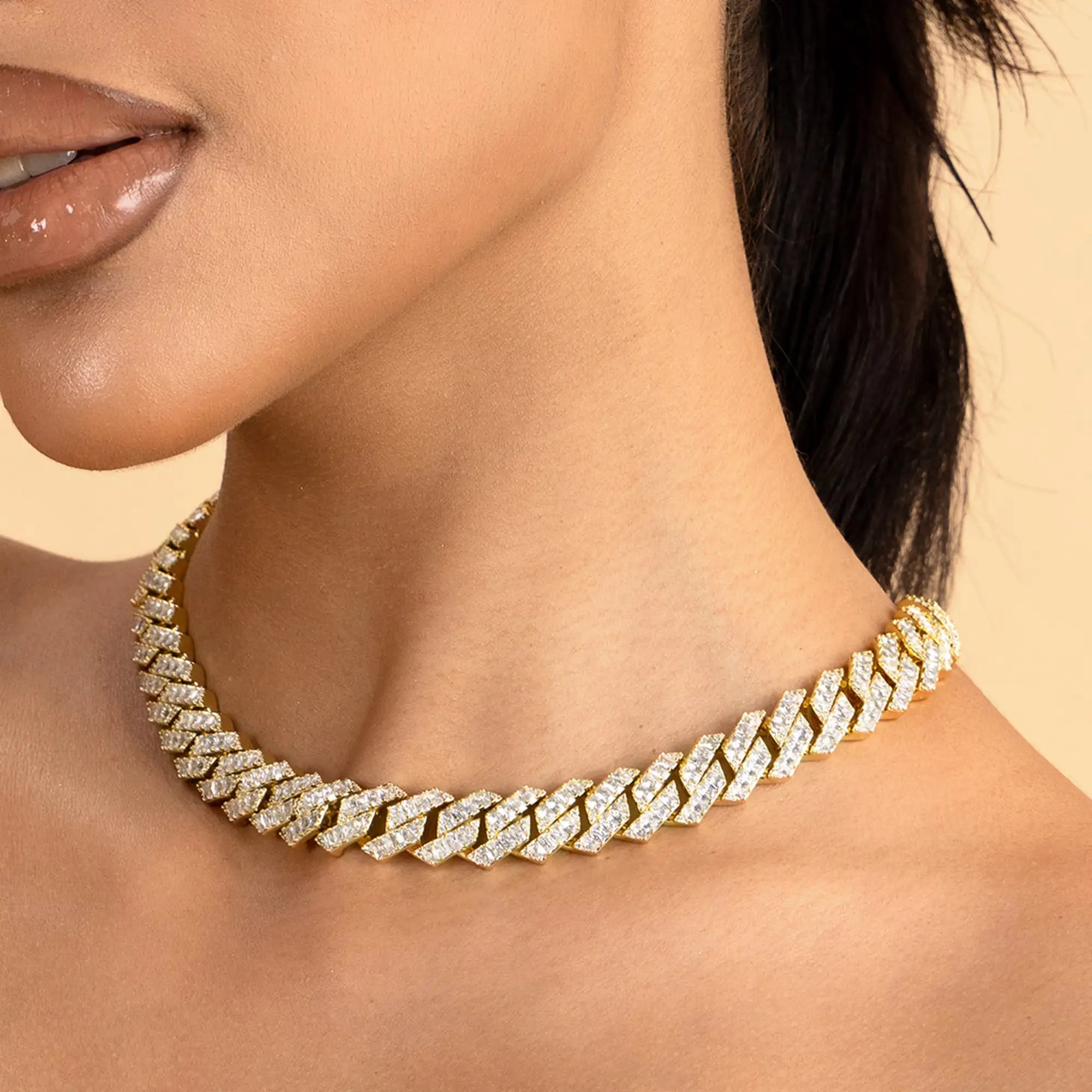 Women's Emerald Cut Prong Cuban Link Chain - 12mm