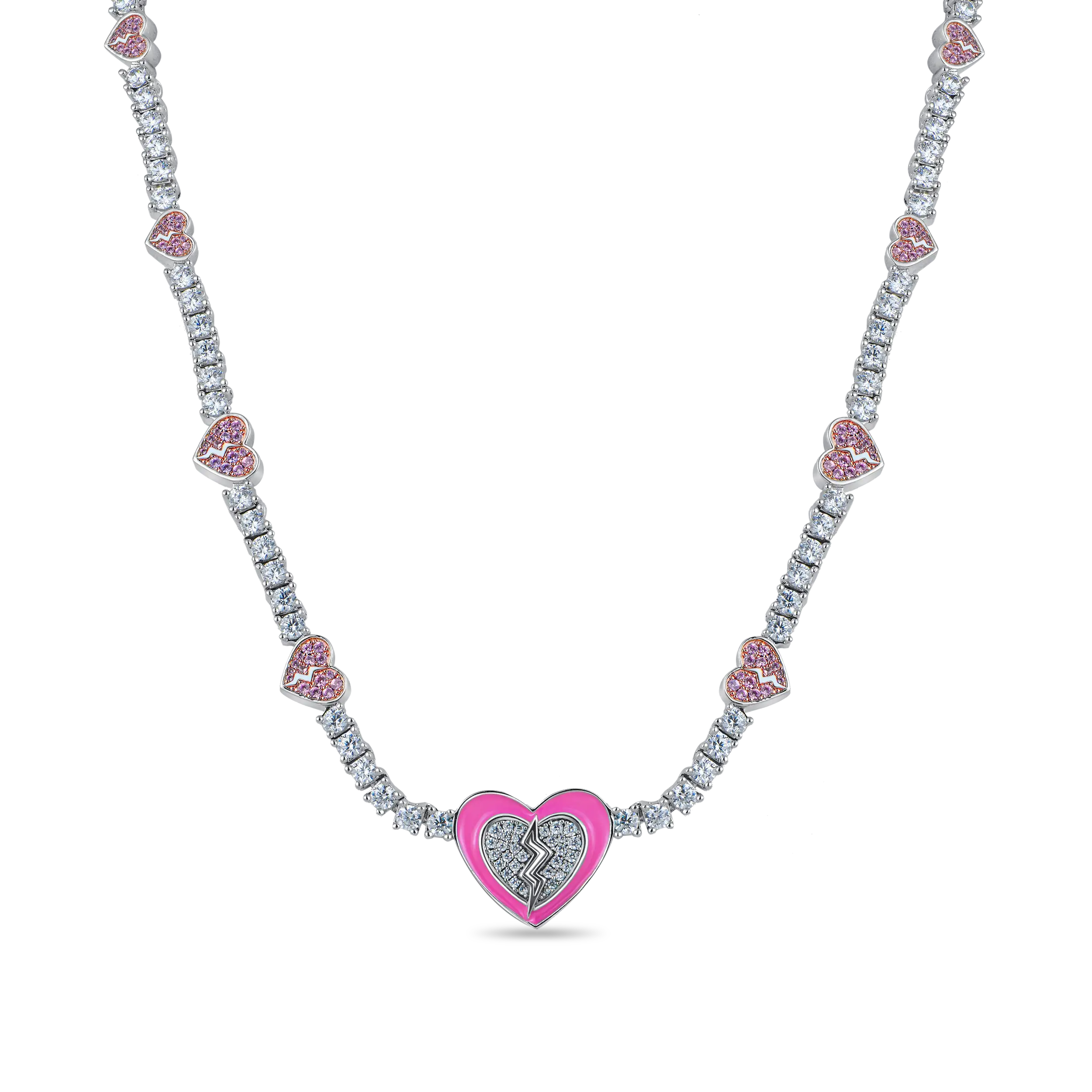 Pink Broken Heart Tennis Necklace