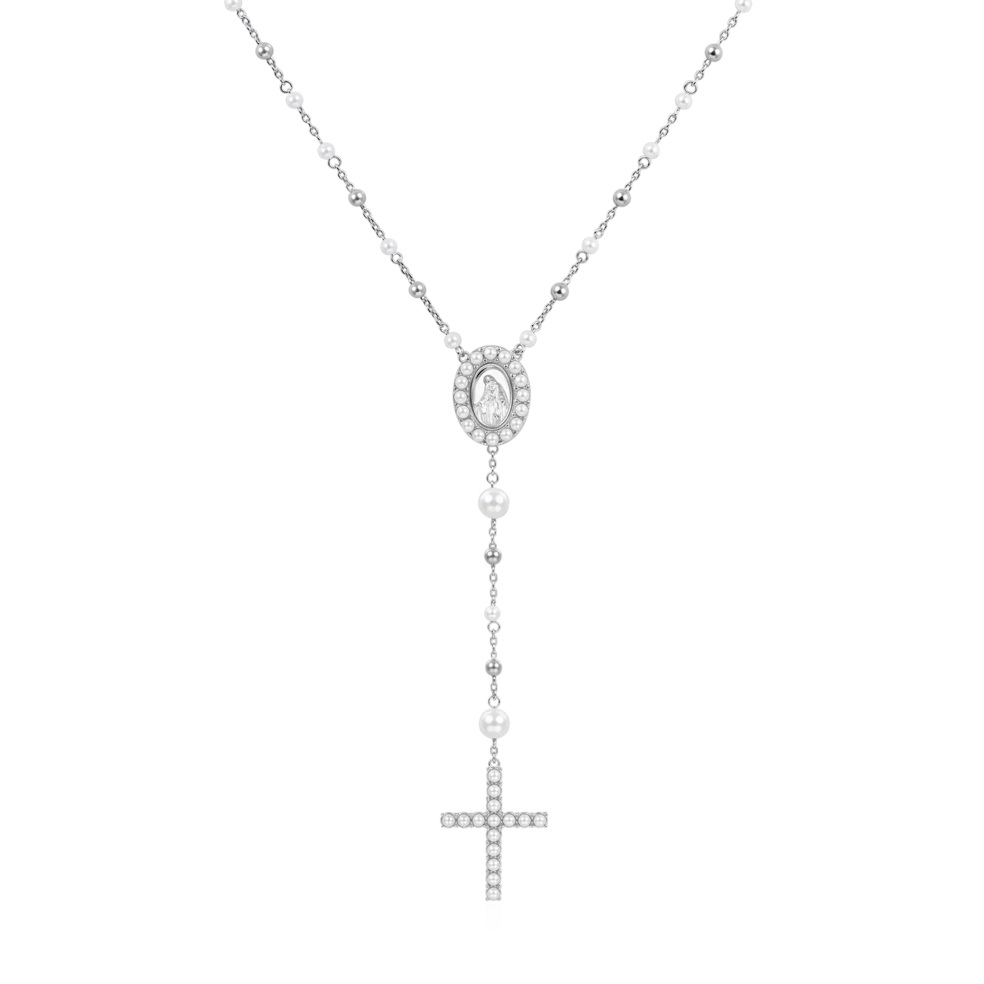 Pure Pearl Virgin Mary Rosary Necklace