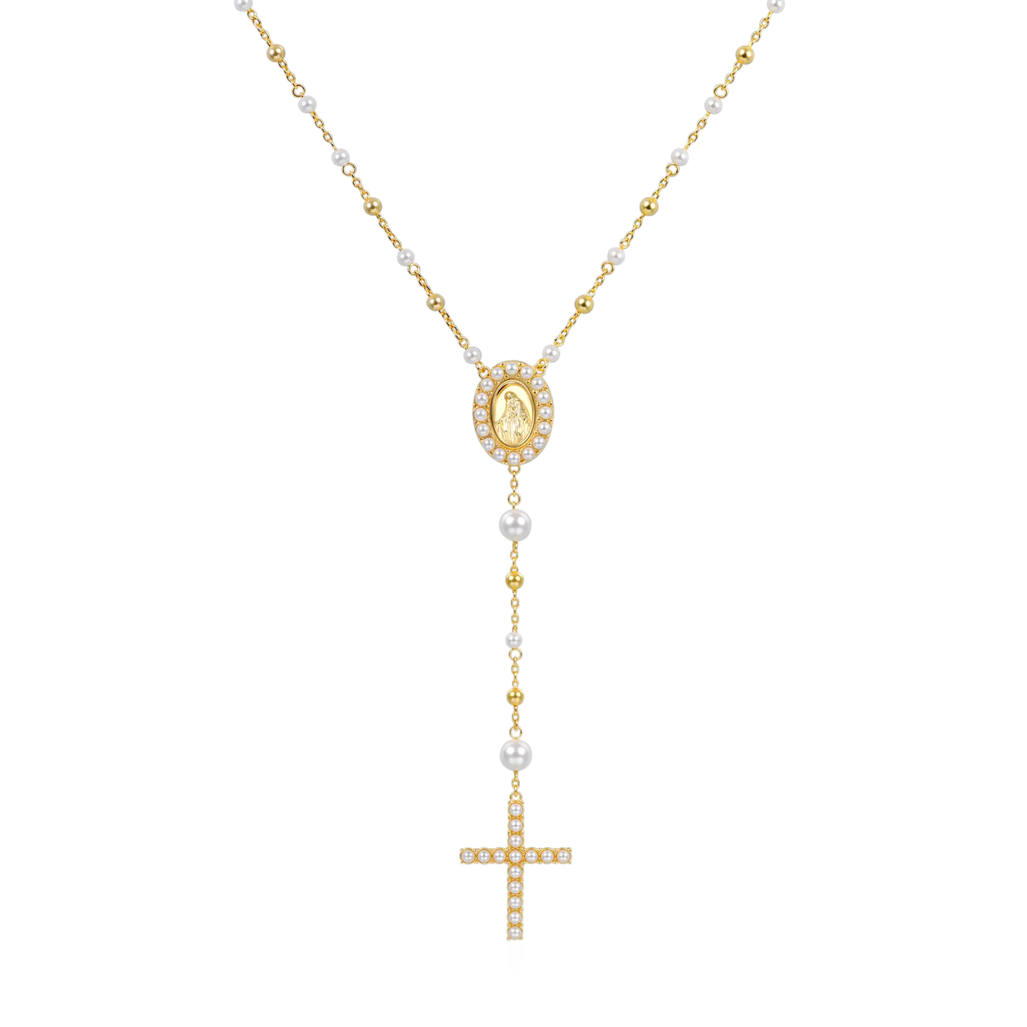 Pure Pearl Virgin Mary Rosary Necklace 6mm 22in 14K Gold Plated