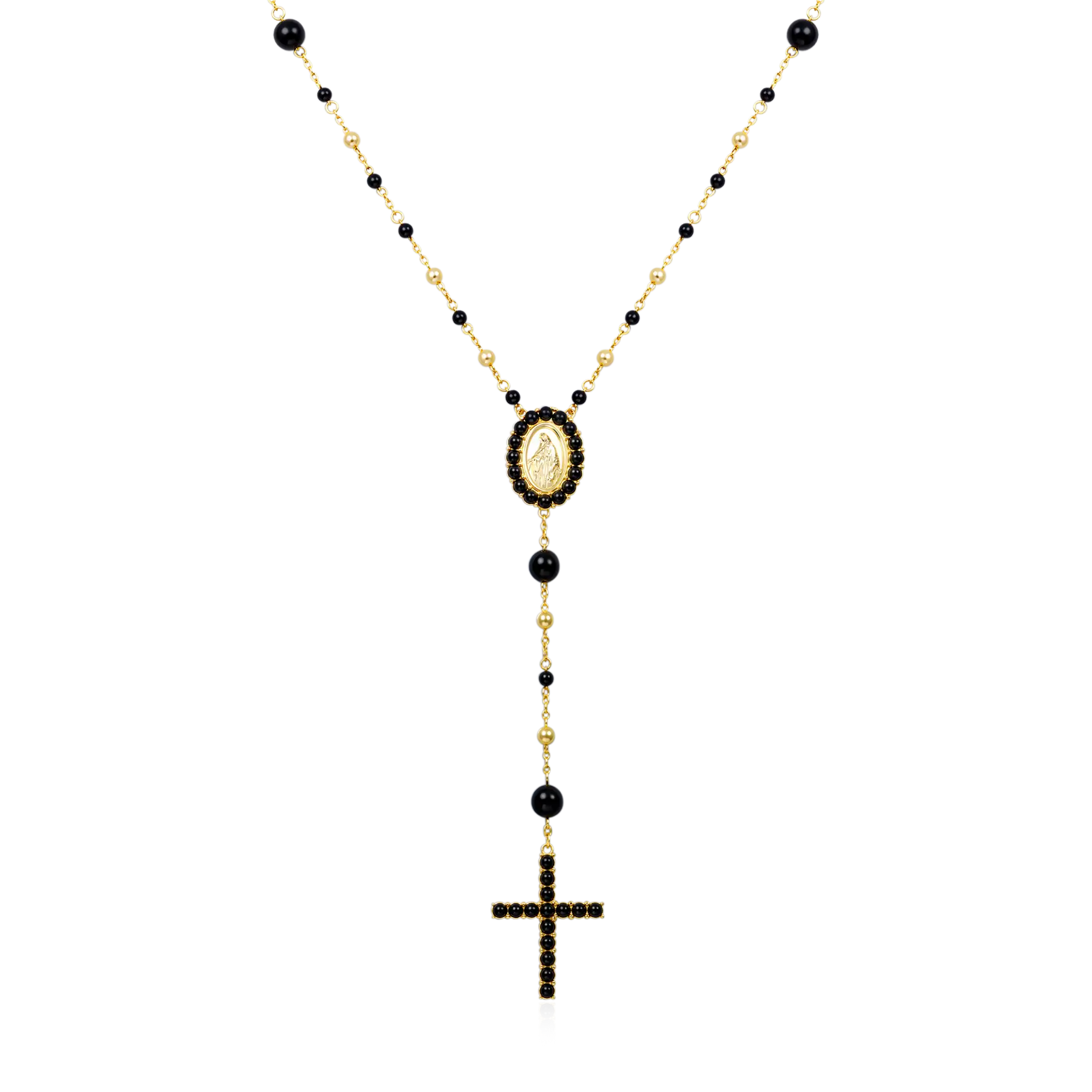 Midnight Pearl Rosary Necklace 6mm 22in 14K Gold Plated Pavé