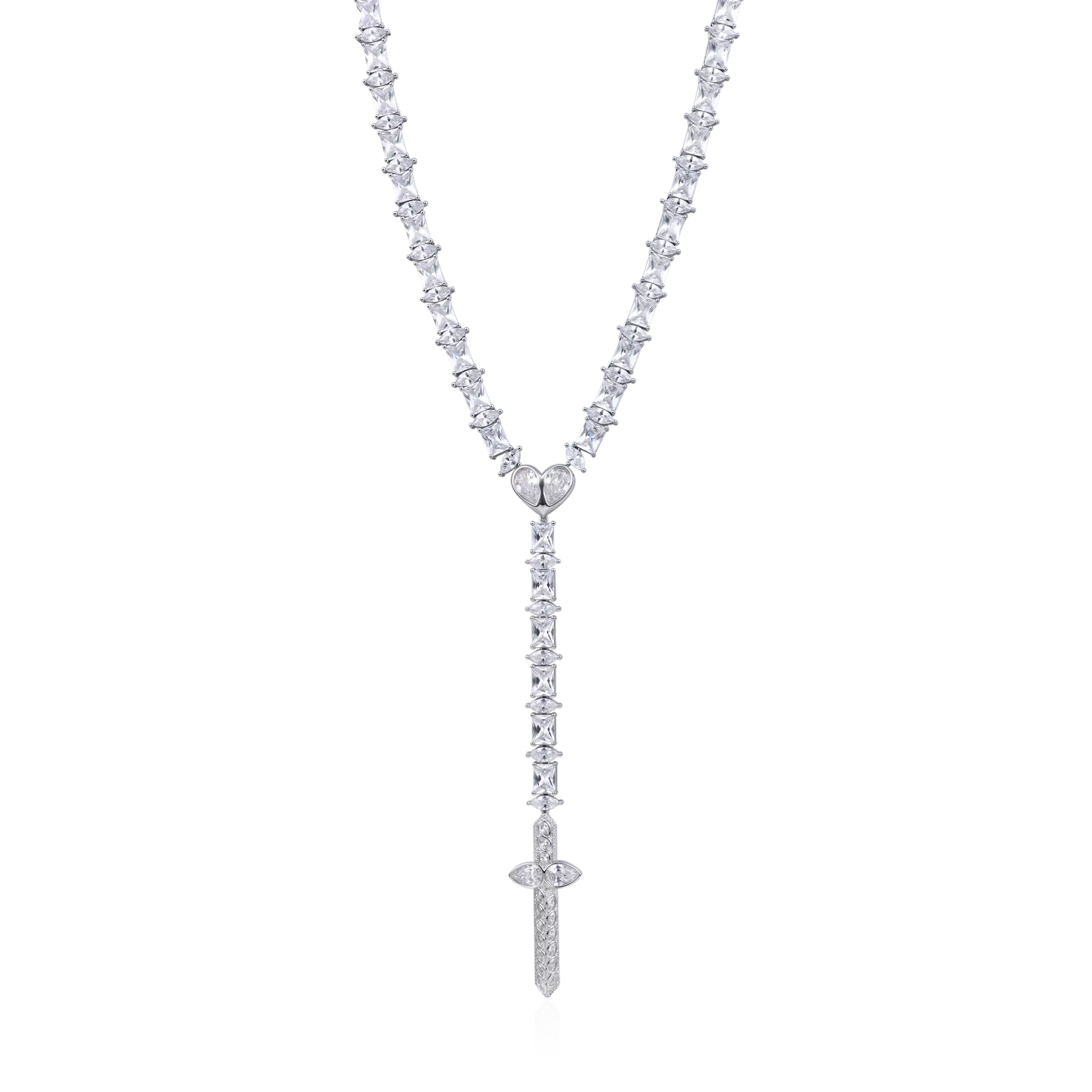 Heart & Blade Rosary Necklace 8mm 24in 14K Gold Plated Moissanite