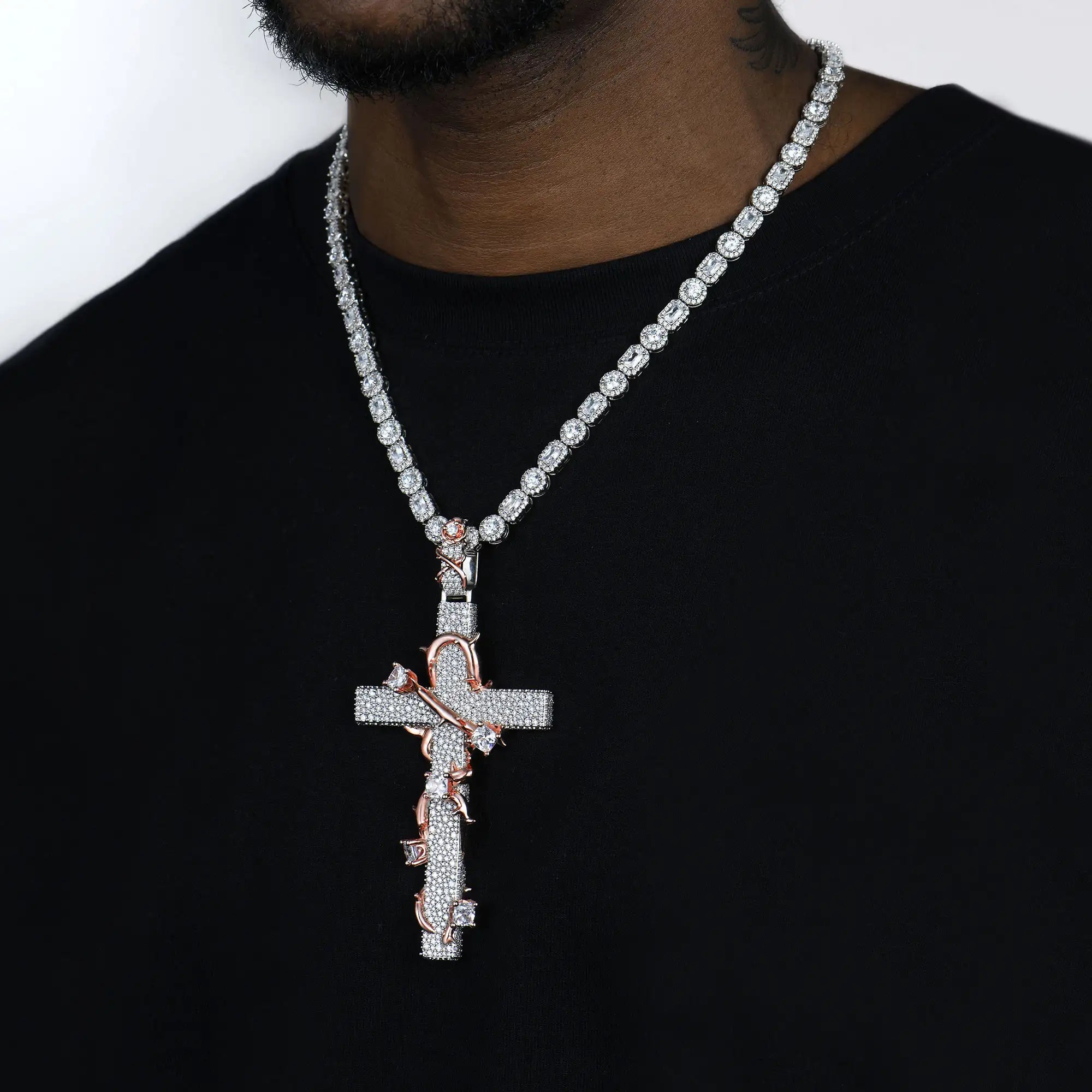 Pave Set Thorned Rose Cross Pendant