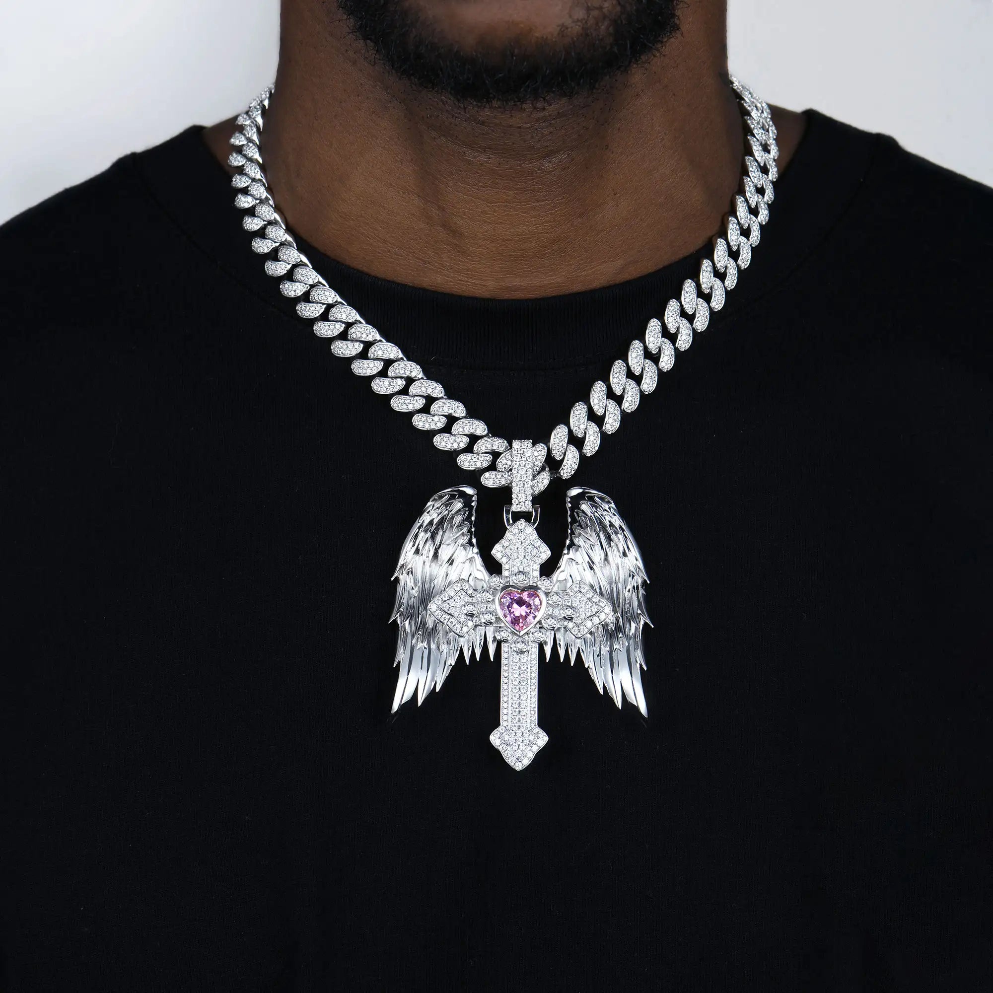 Moissanite Guardian Wings Cross Pendant - Large