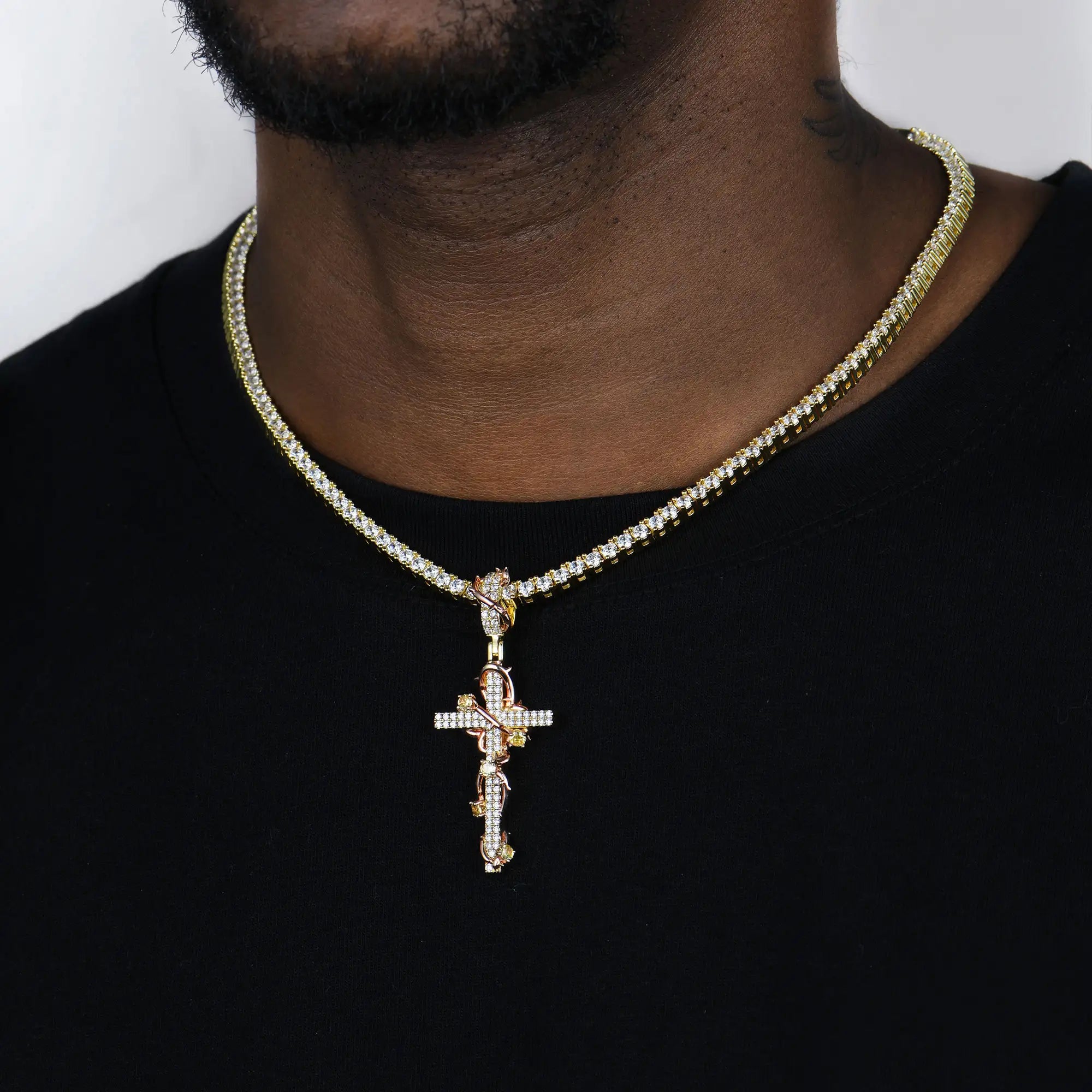 Moissanite Thorned Rose Cross Pendant