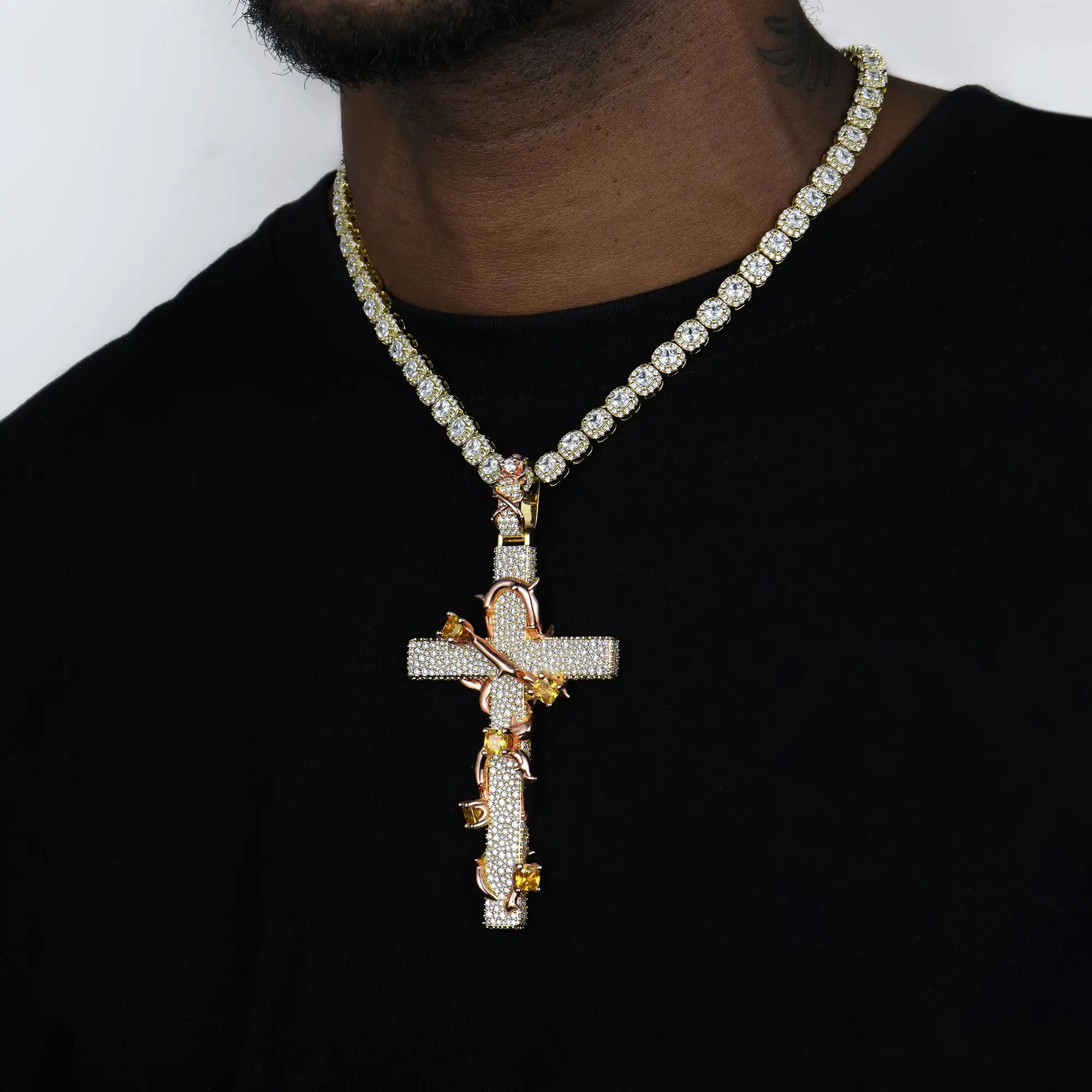 Pave Set Thorned Rose Cross Pendant