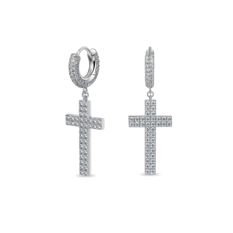 Cross Earring (with Two-Row Gems)-925 Silver dangly cross earring - APORRO