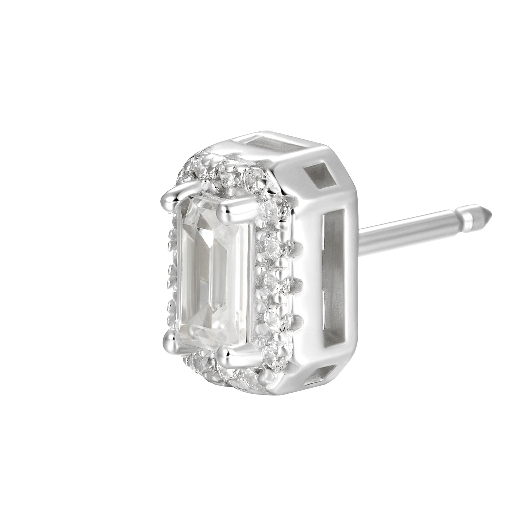 Emerald Cut Halo Stud Earring - Single