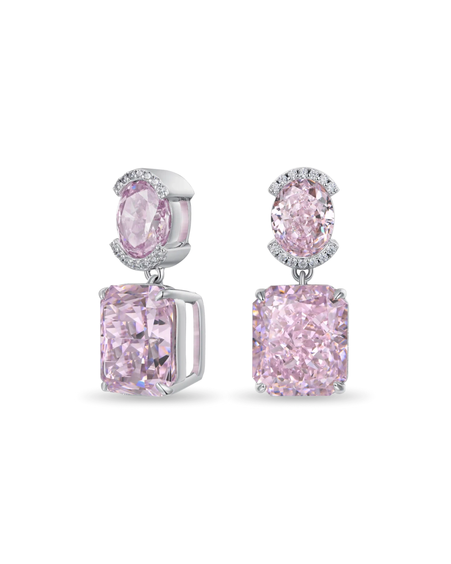 S925 Crushed Ice Emerald Cut Drop Earring - Fancy Light Pink