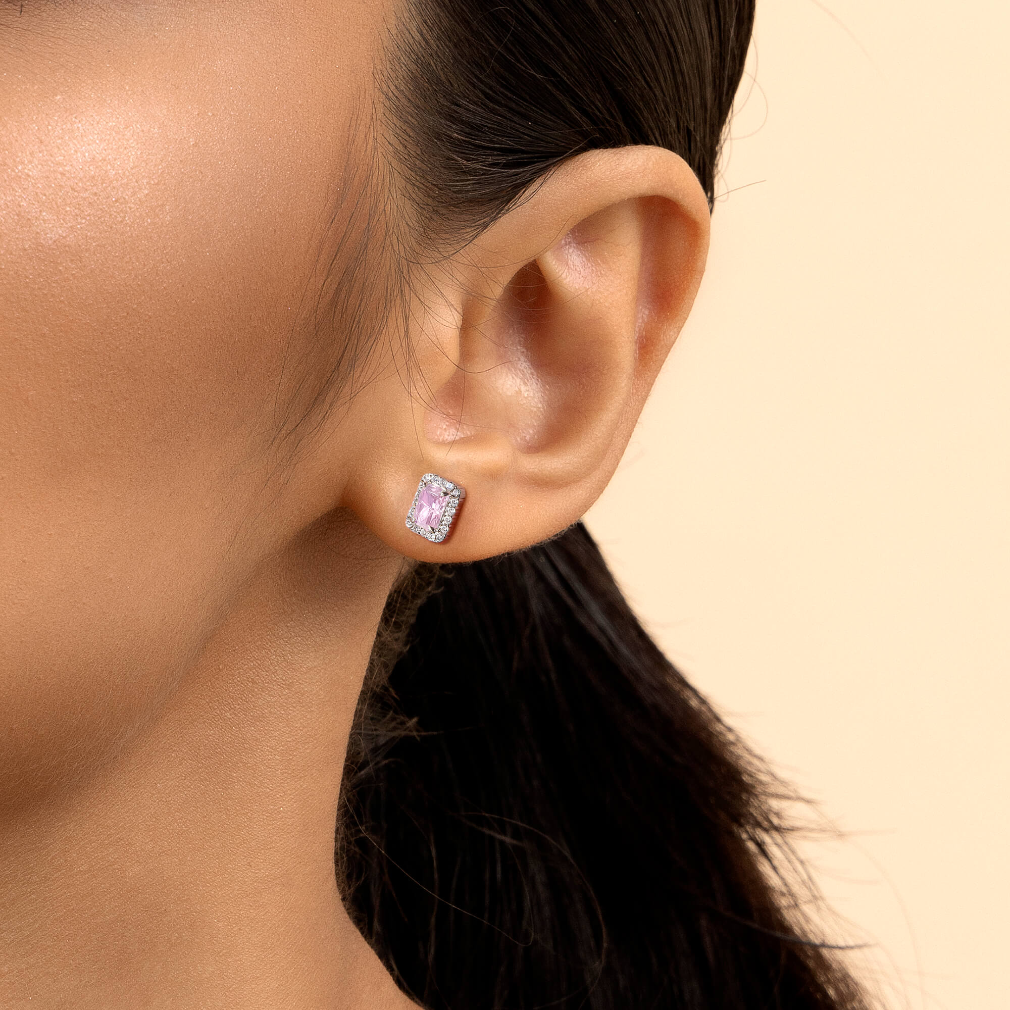 S925 Crushed Ice Emerald Cut Stud Earring - Fancy Light Pink