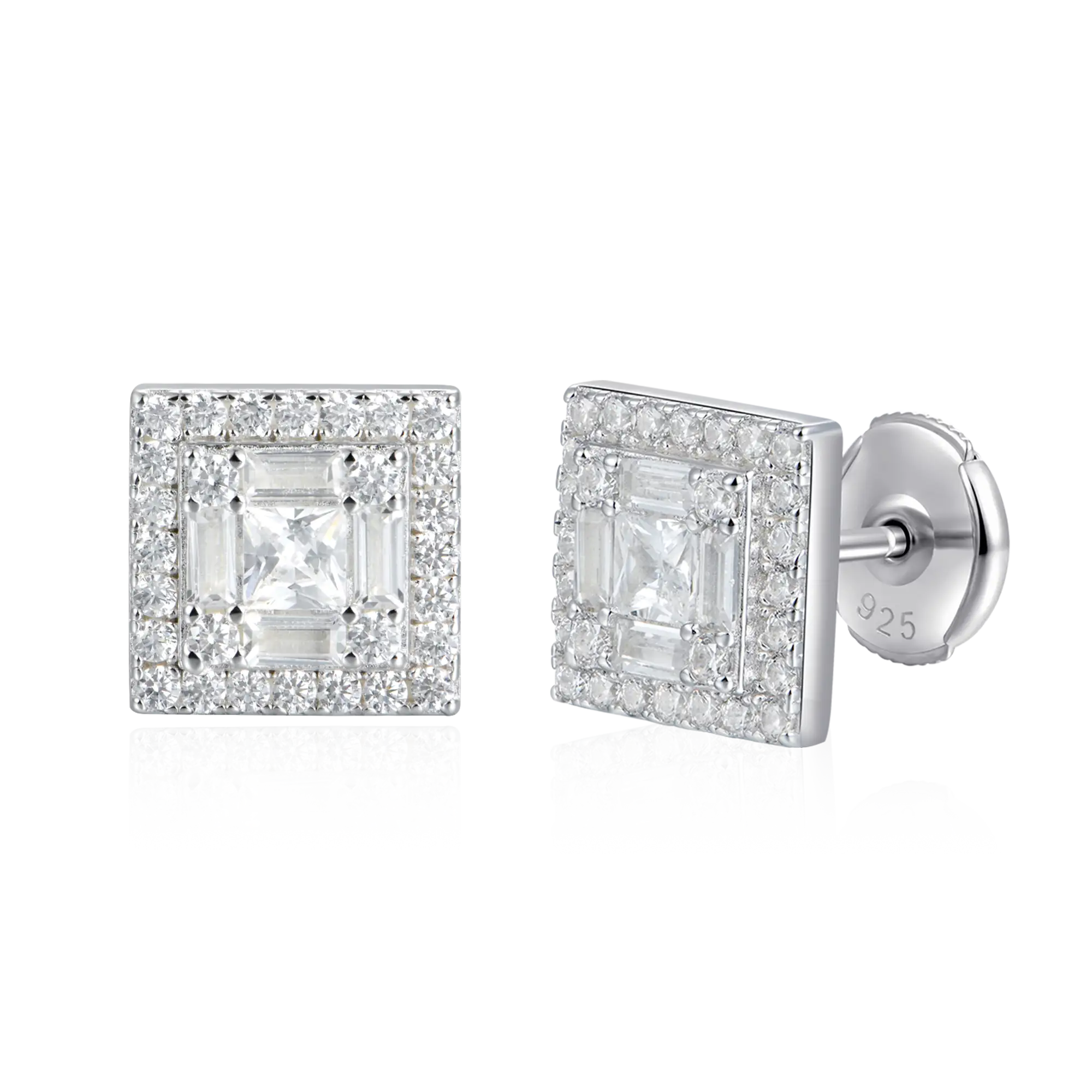 Women's Square Baguette Mix Halo Stud Earrings - Pair