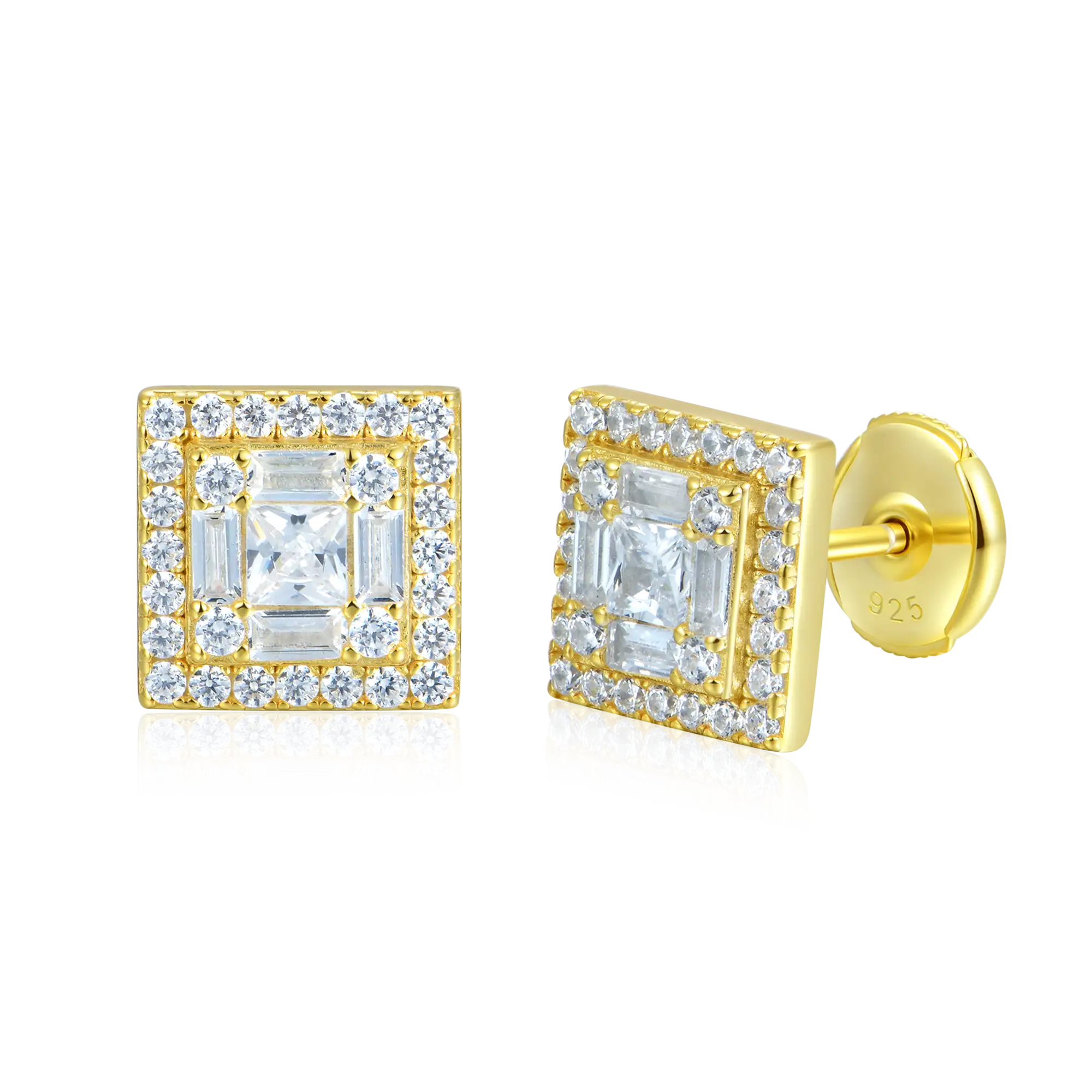 Women's Square Baguette Mix Halo Stud Earrings - Pair