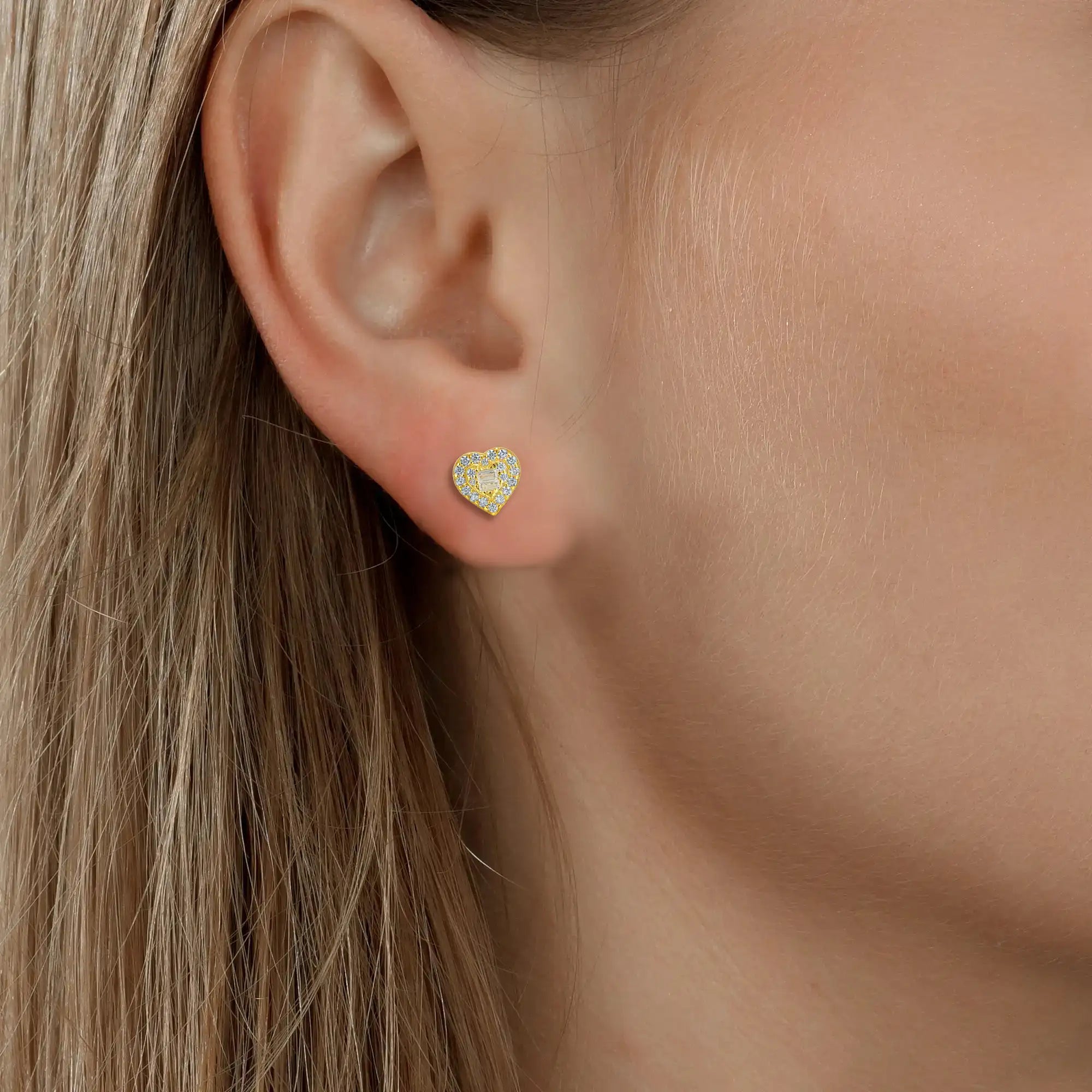 S925 Heart Baguette Mix Halo Stud Earrings - Pair